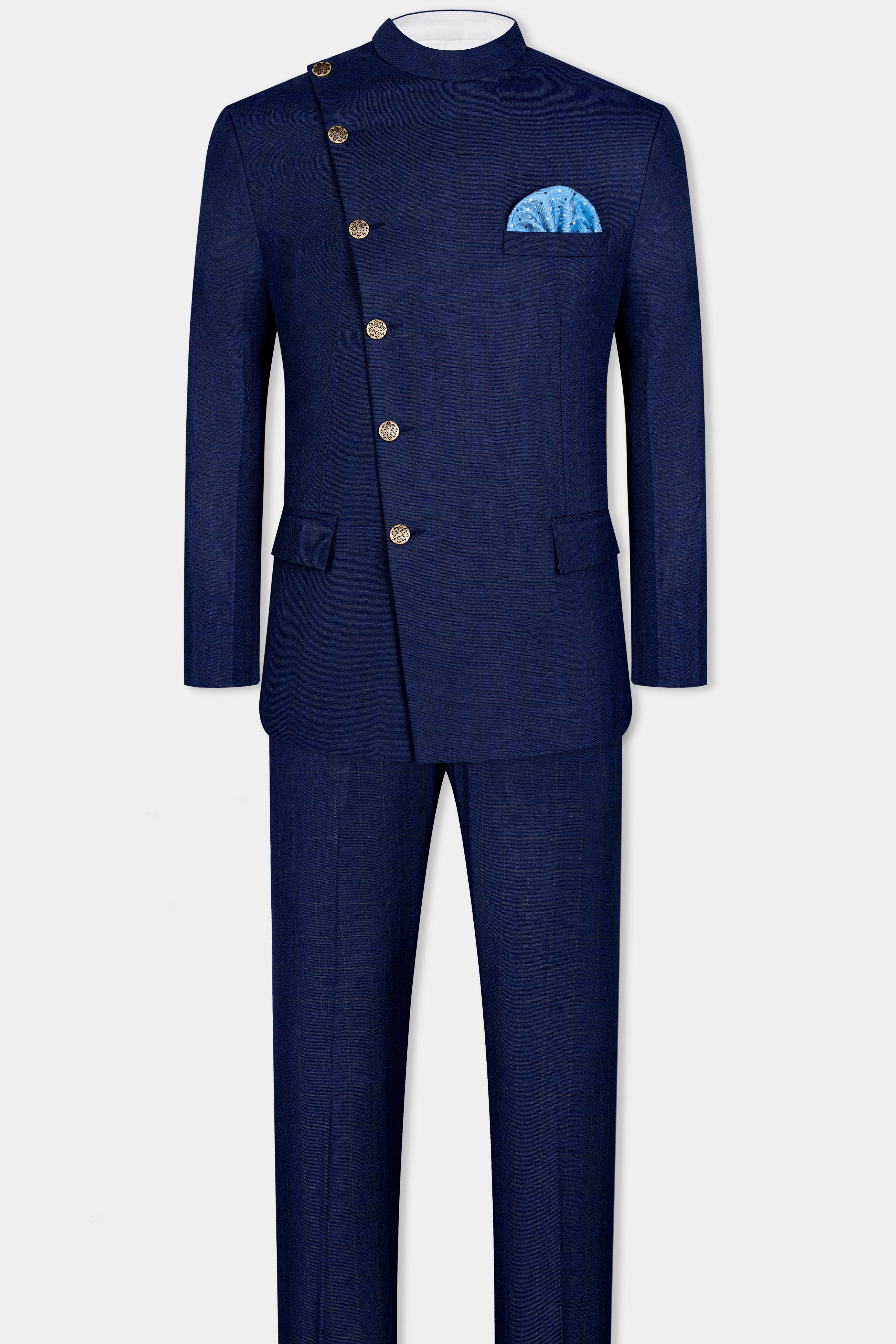 Tuna Blue Windowpane Cross Placket Bandhgaala Suit