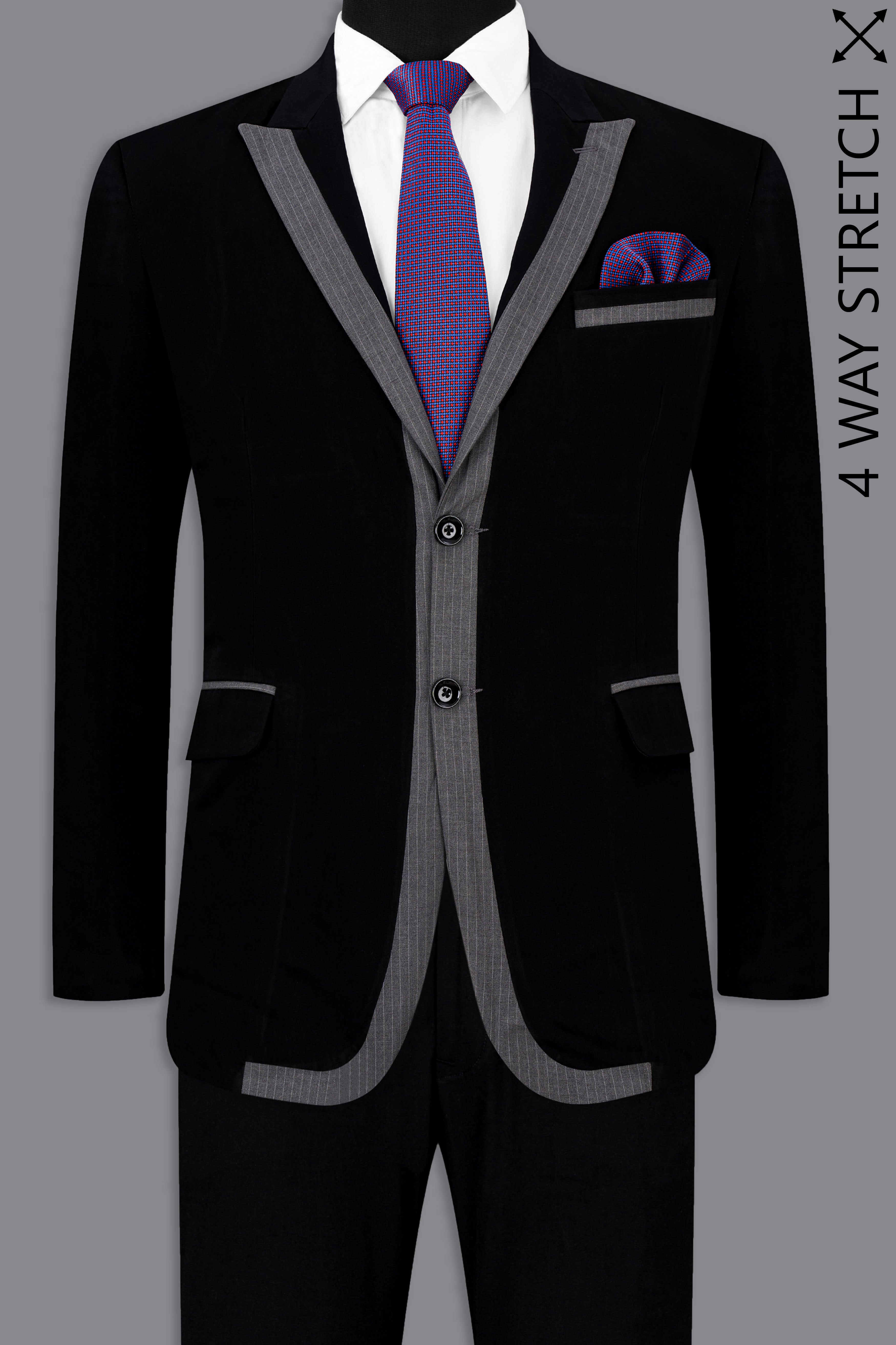 Noirex-Korean Black ( The Best Black We Have ) with Gray 4-Way Stretch Single Breasted Designer Suit