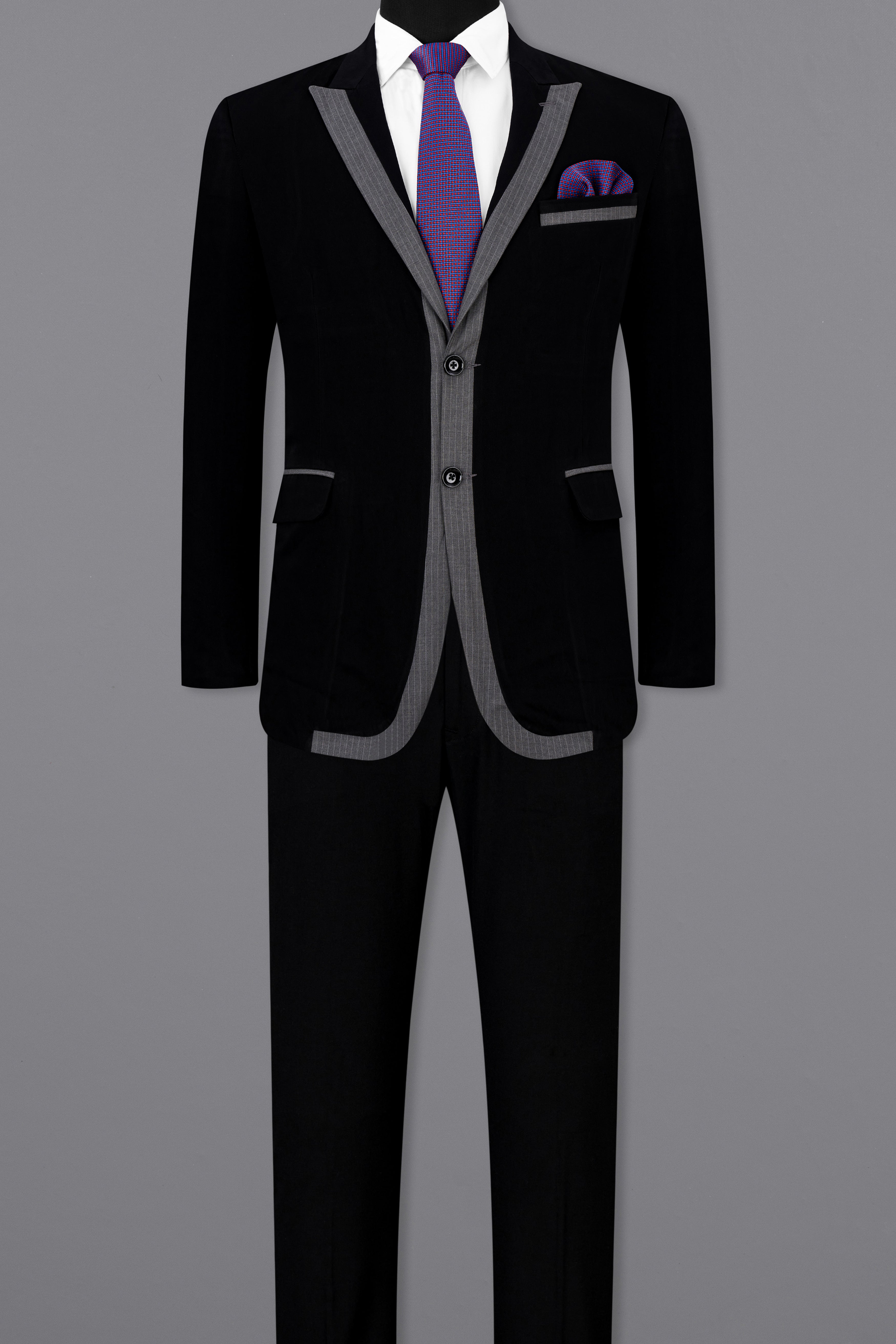 Noirex-Korean Black ( The Best Black We Have ) with Gray 4-Way Stretch Single Breasted Designer Suit