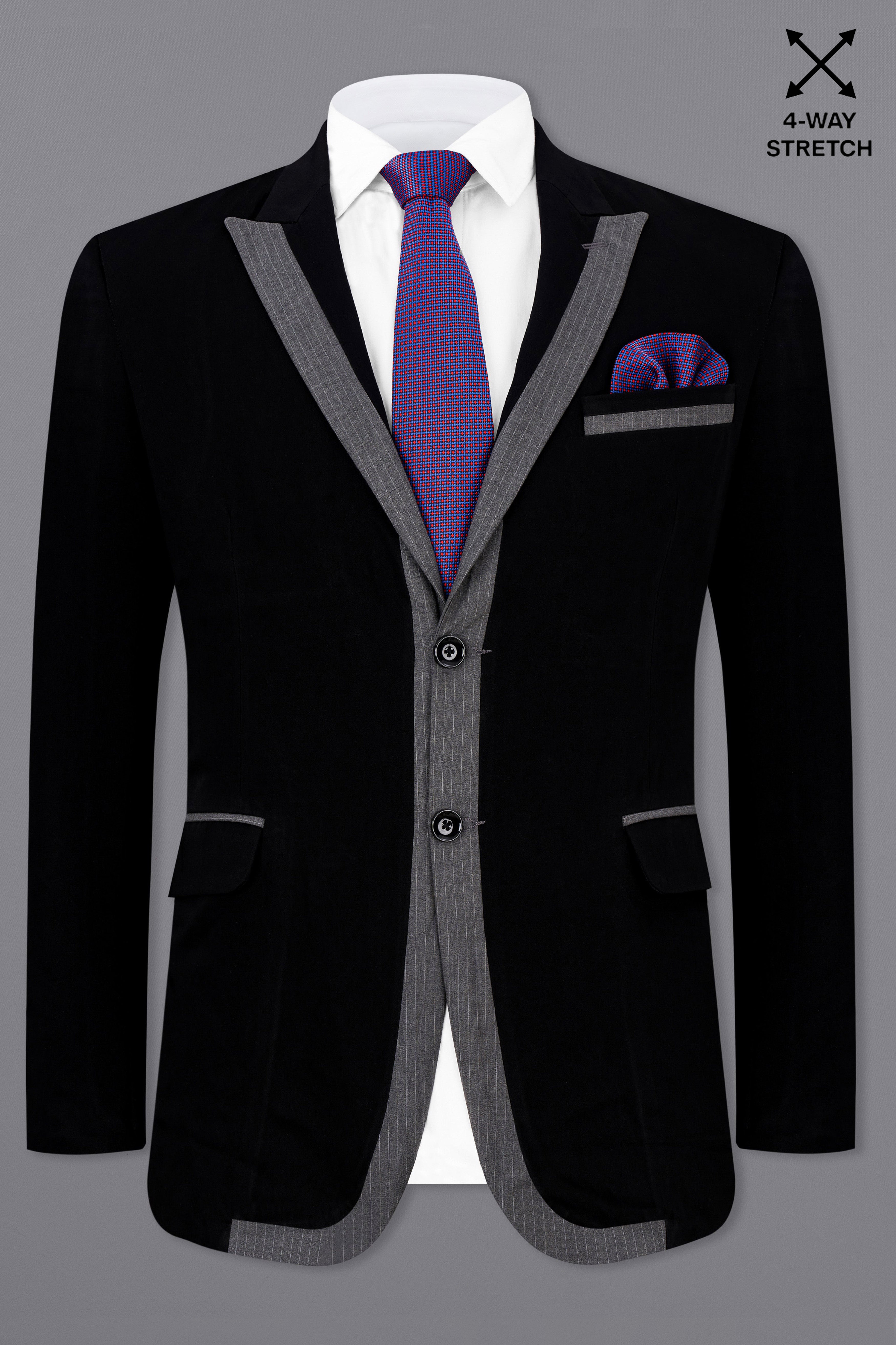 Noirex-Korean Black ( The Best Black We Have ) with Gray 4-Way Stretch Single Breasted Designer Suit