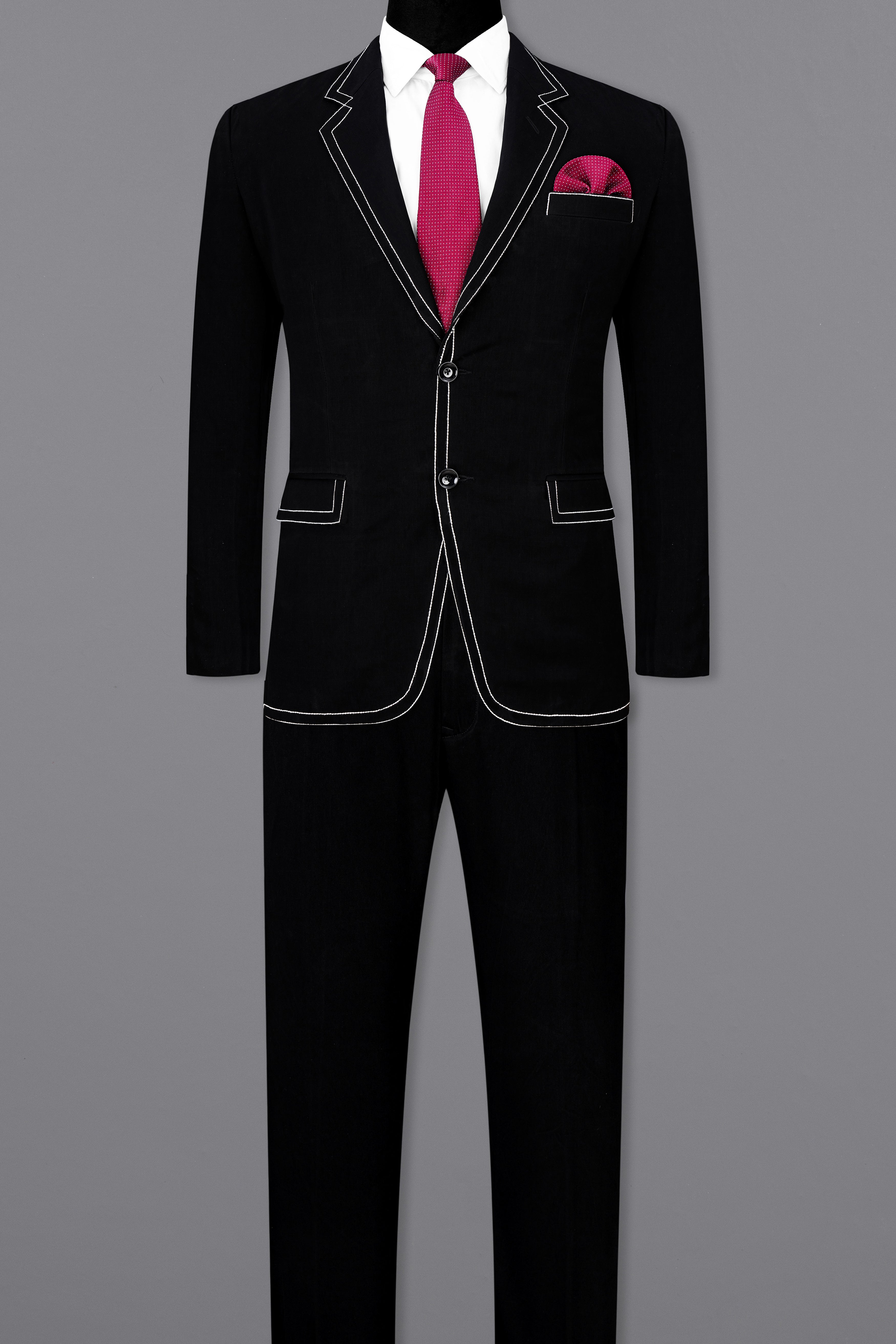 Noirex-Korean Black ( The Best Black We Have ) with White Threadwork Designer 4-Way Stretch Suit