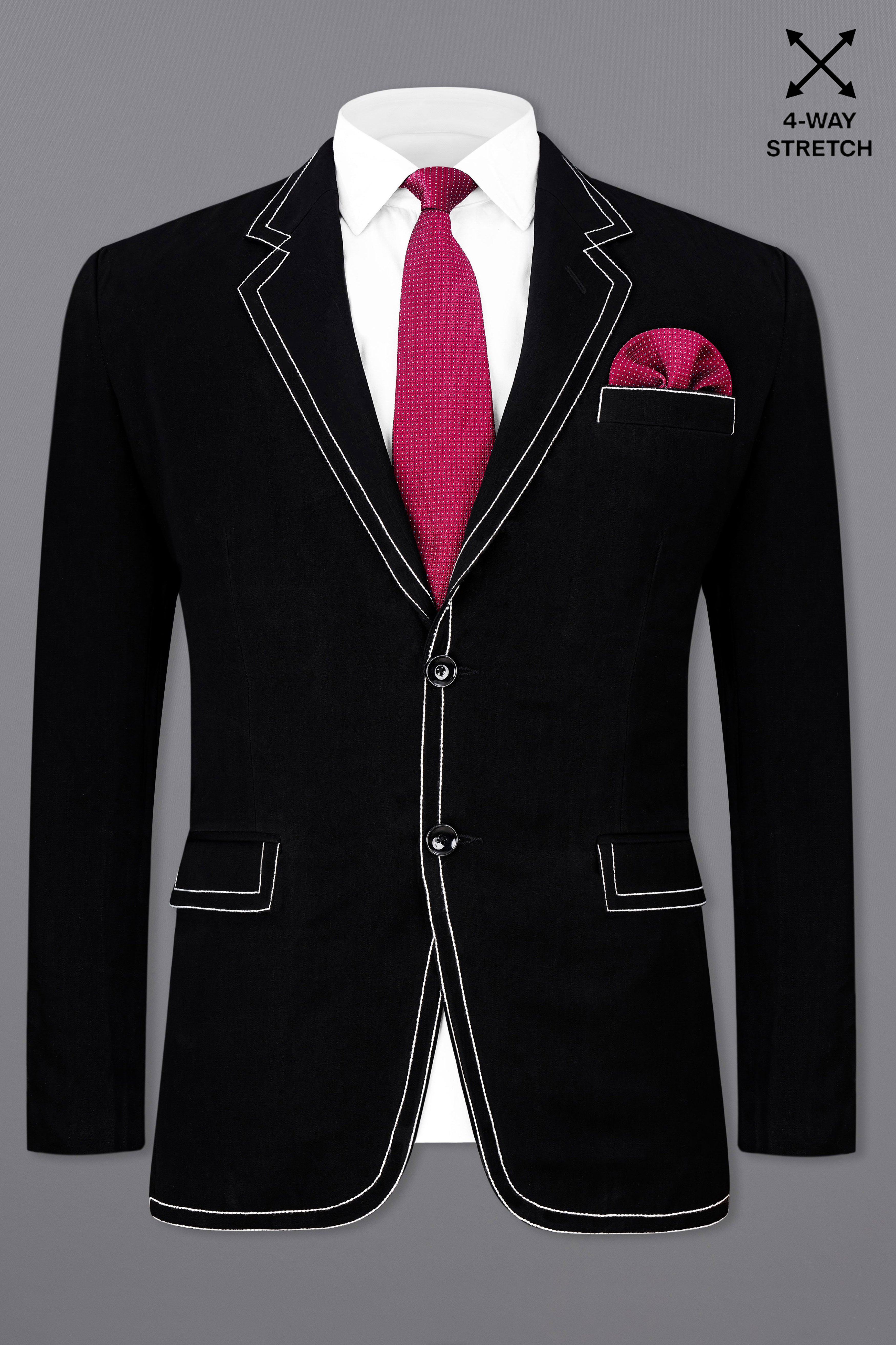 Noirex-Korean Black ( The Best Black We Have ) with White Threadwork Designer 4-Way Stretch Suit