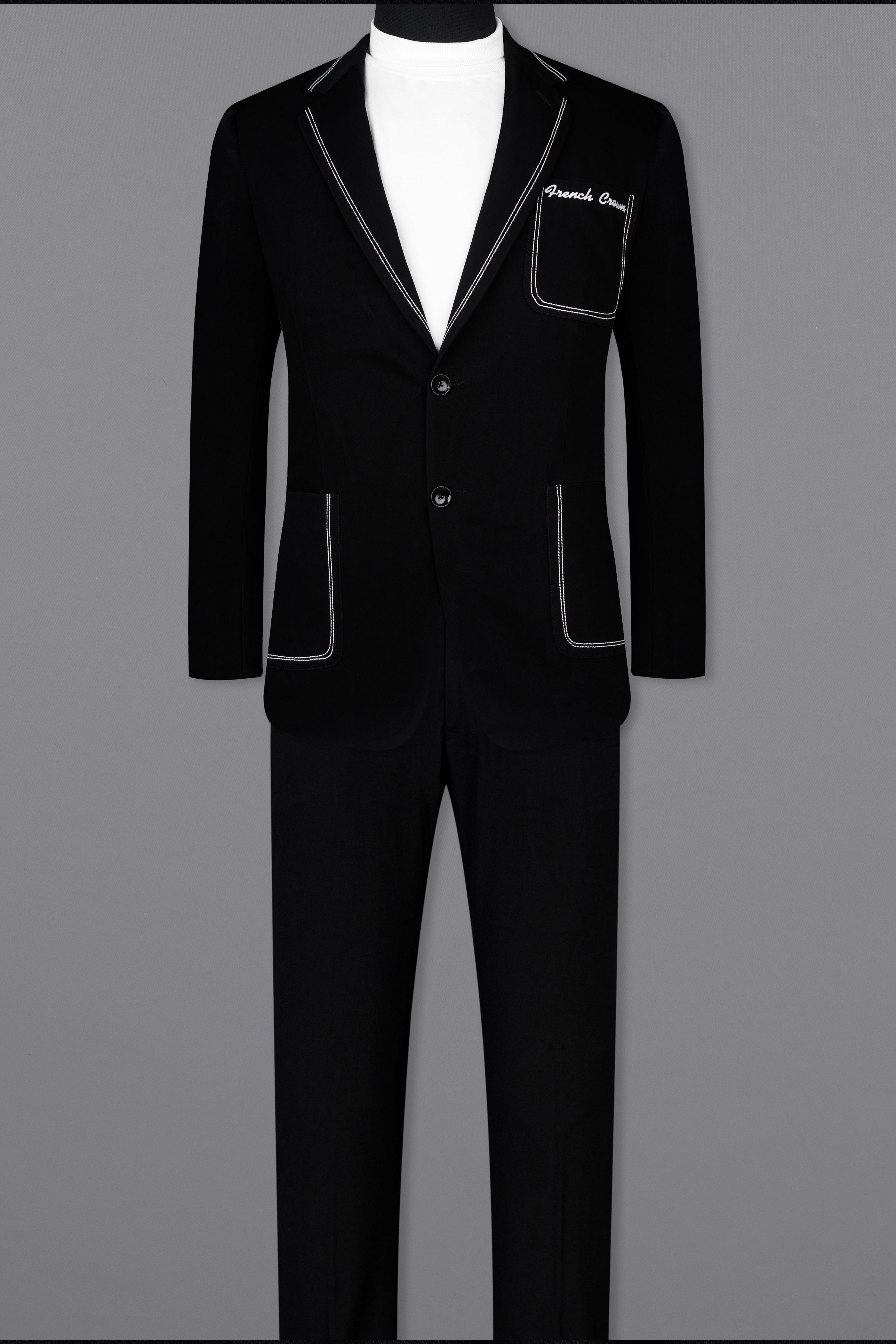 Noirex-Korean Black ( The Best Black We Have ) Embroidered 4-Way Stretch Single Breasted Designer Signature Suit