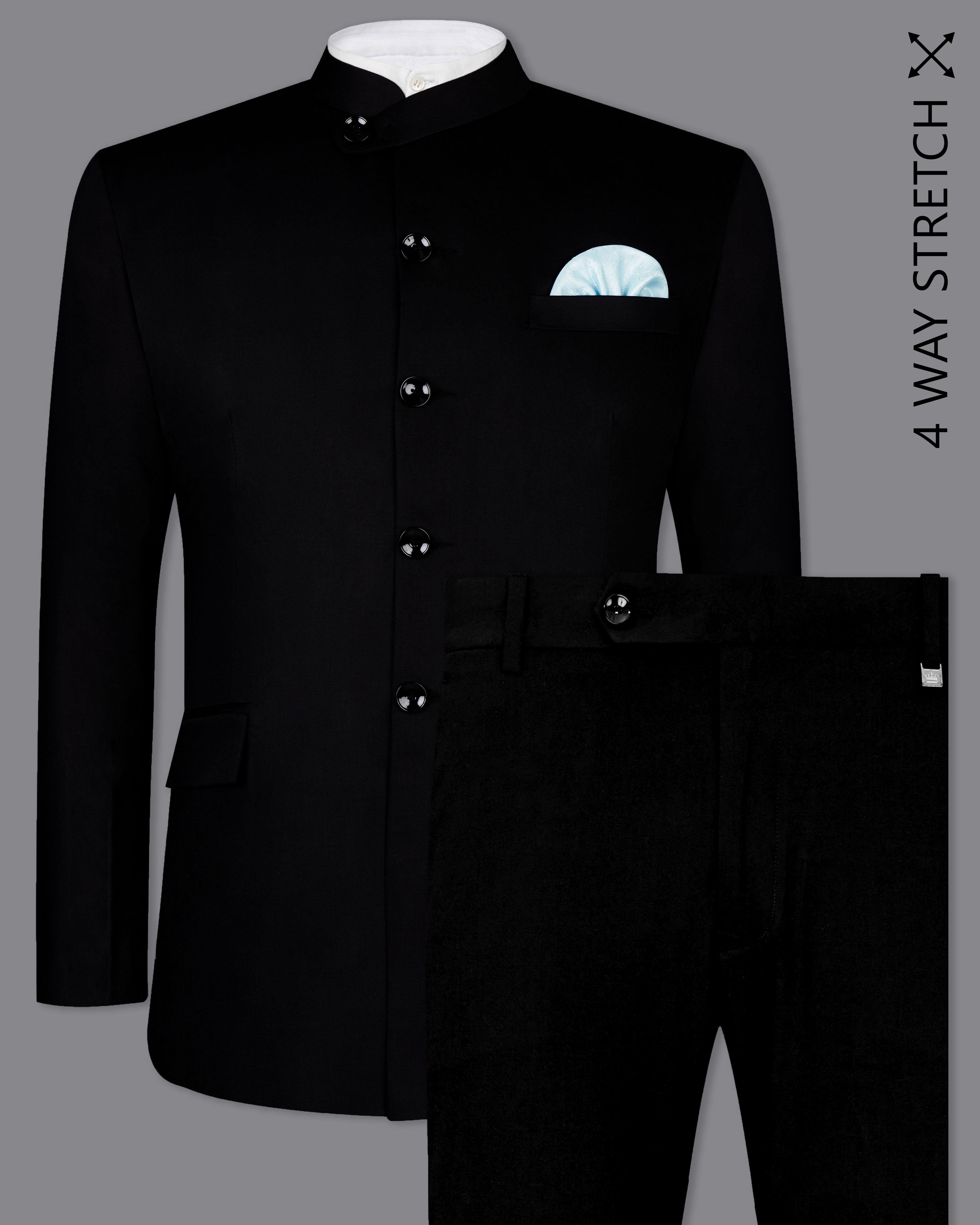 Noirex-Korean Black ( The Best Black We Have ) 4-Way Stretch Wrinkle-Free Fluid Drape Fabric Bandhgala Designer Suit