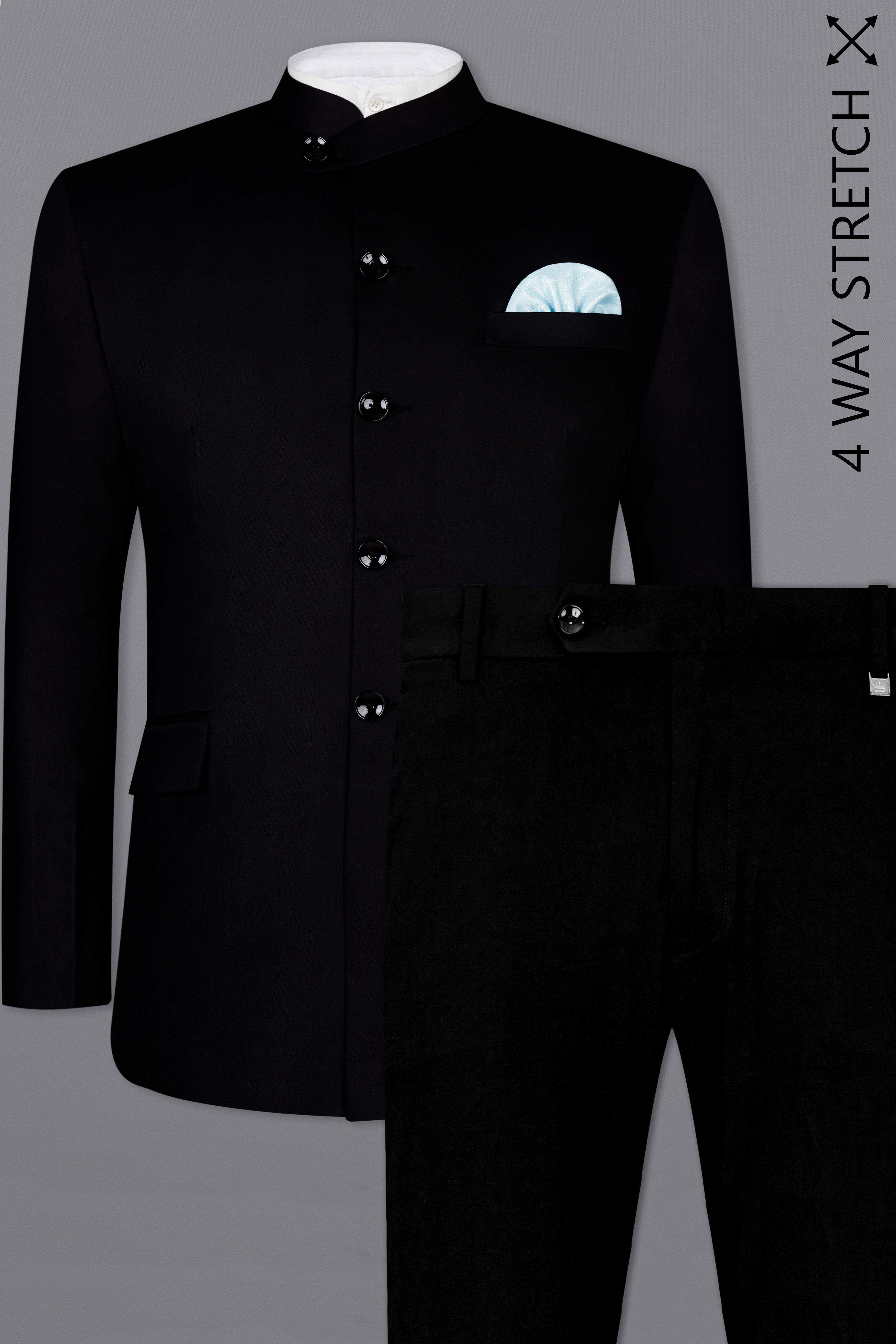 Noirex-Korean Black ( The Best Black We Have ) 4-Way Stretch Wrinkle-Free Fluid Drape Fabric Bandhgala Designer Suit