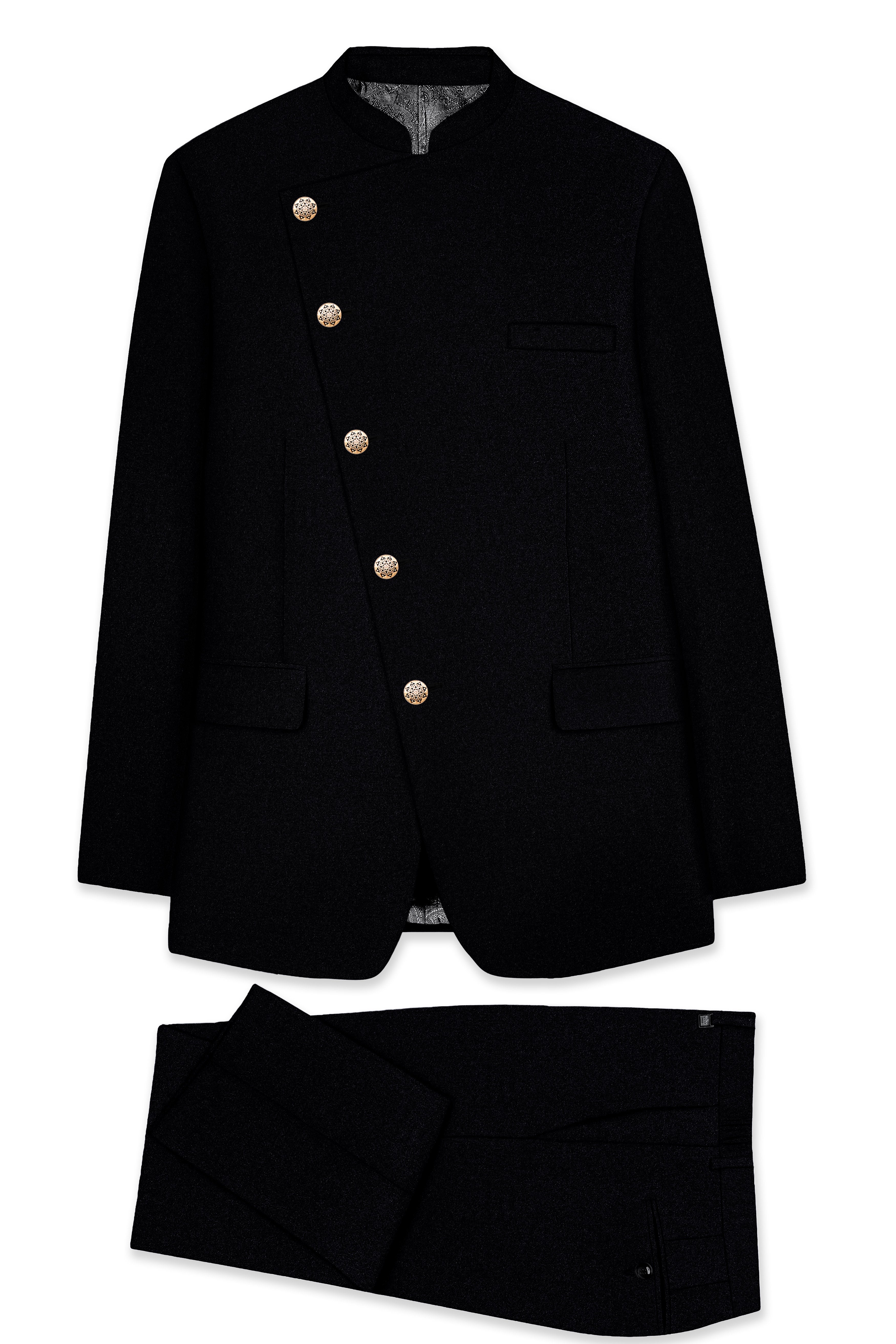 Noirex-Korean Black (The Best Black We Have) Cross Placket 4-Way Stretch Bandhgala Suit