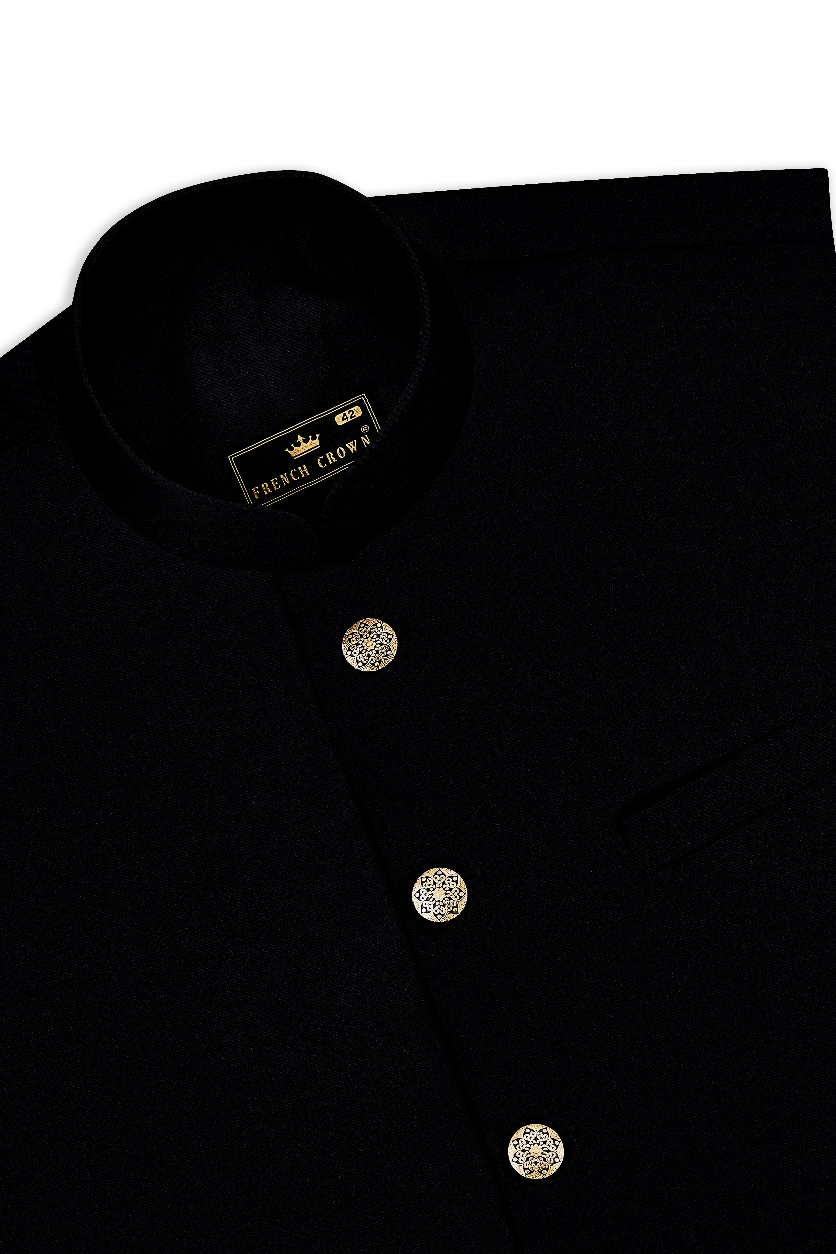 Noirex-Korean Black (The Best Black We Have) Cross Placket 4-Way Stretch Bandhgala Suit