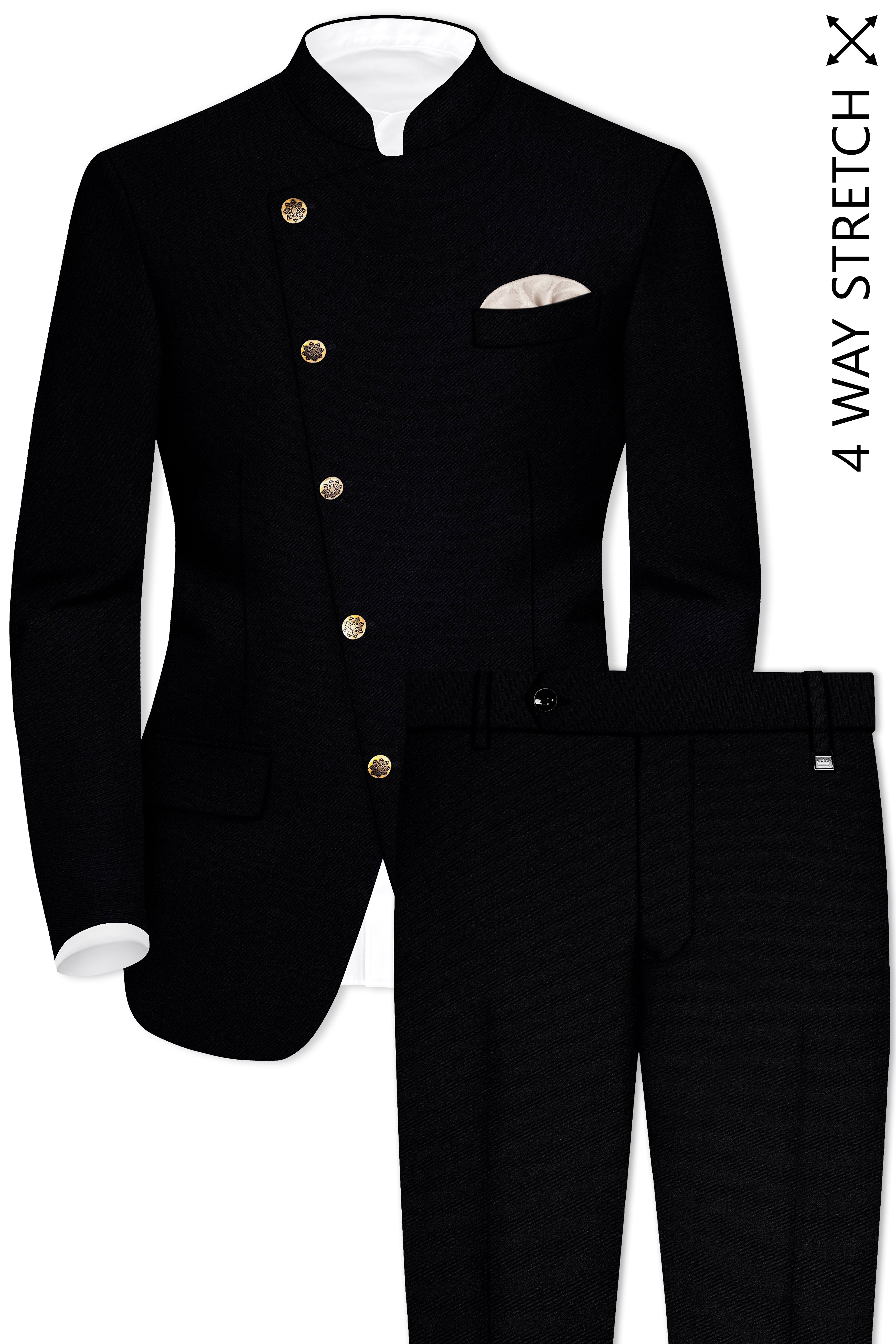 Korean Black (The Best Black We Have) Cross Placket 4-Way Stretch Bandhgala Suit