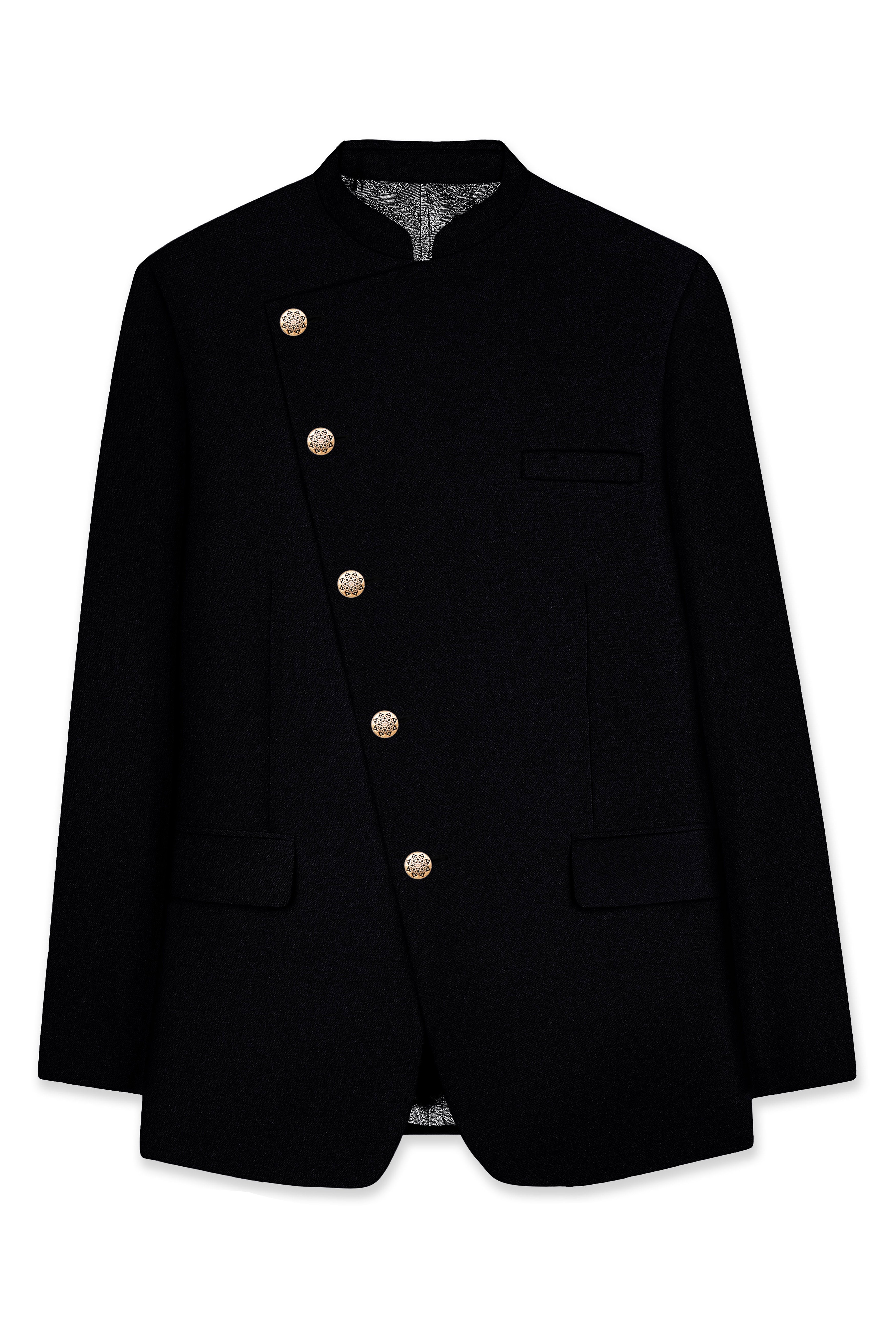 Noirex-Korean Black (The Best Black We Have) Cross Placket 4-Way Stretch Bandhgala Suit
