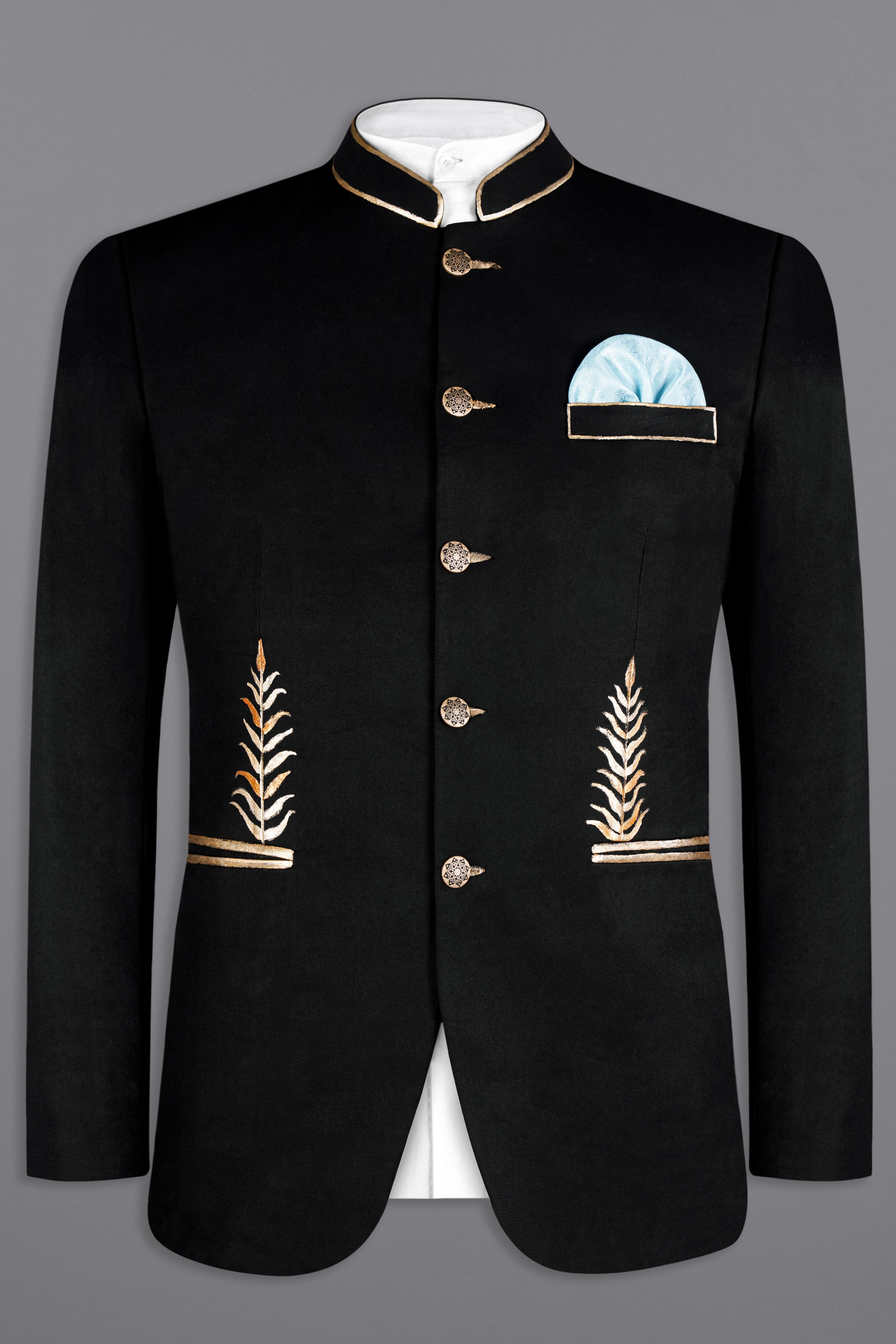 Jade Black Leaves Hand Painted Bandhgala Designer Suit