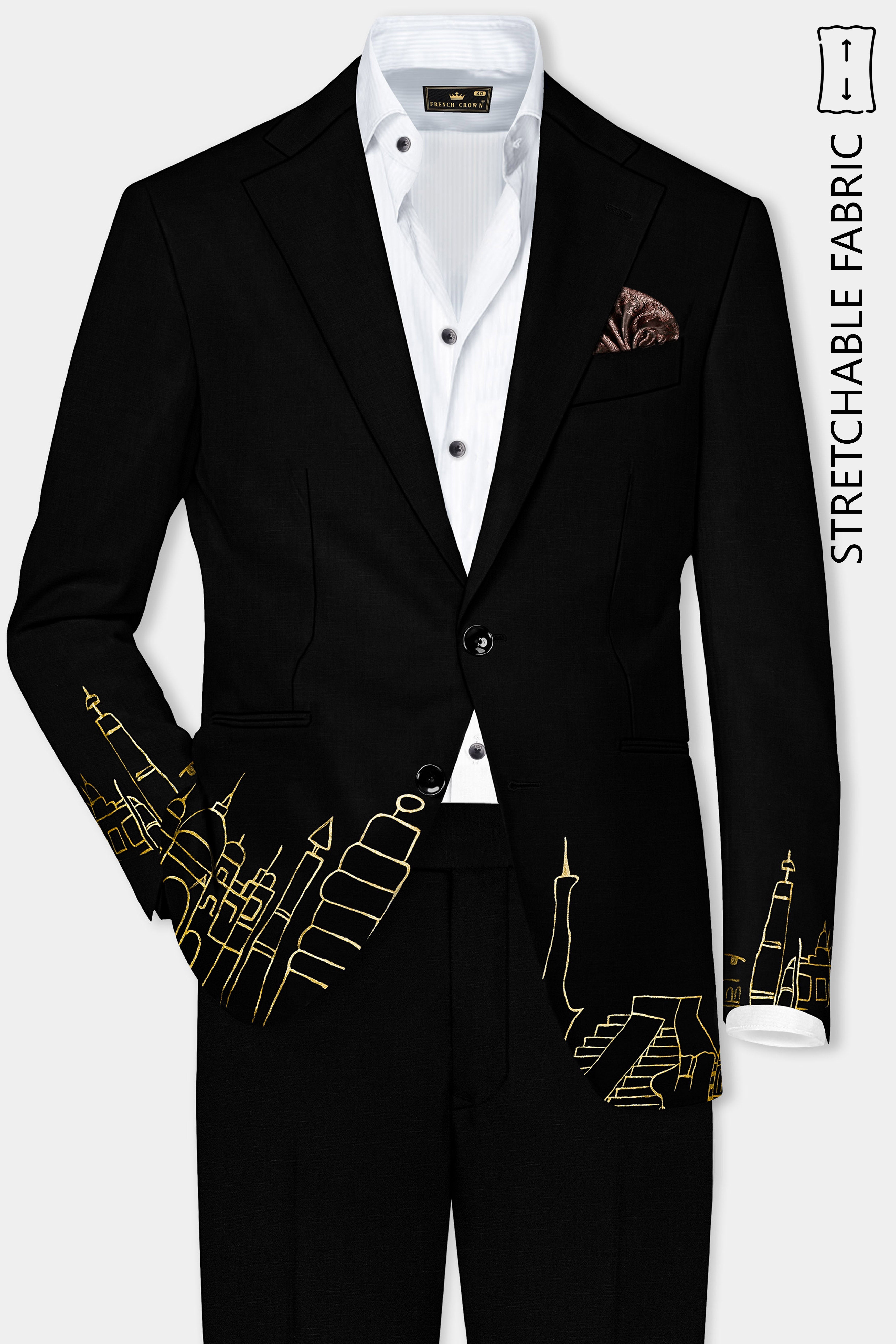 Jade Black With Hand Painted Stretchable Single Breasted Designer Suit