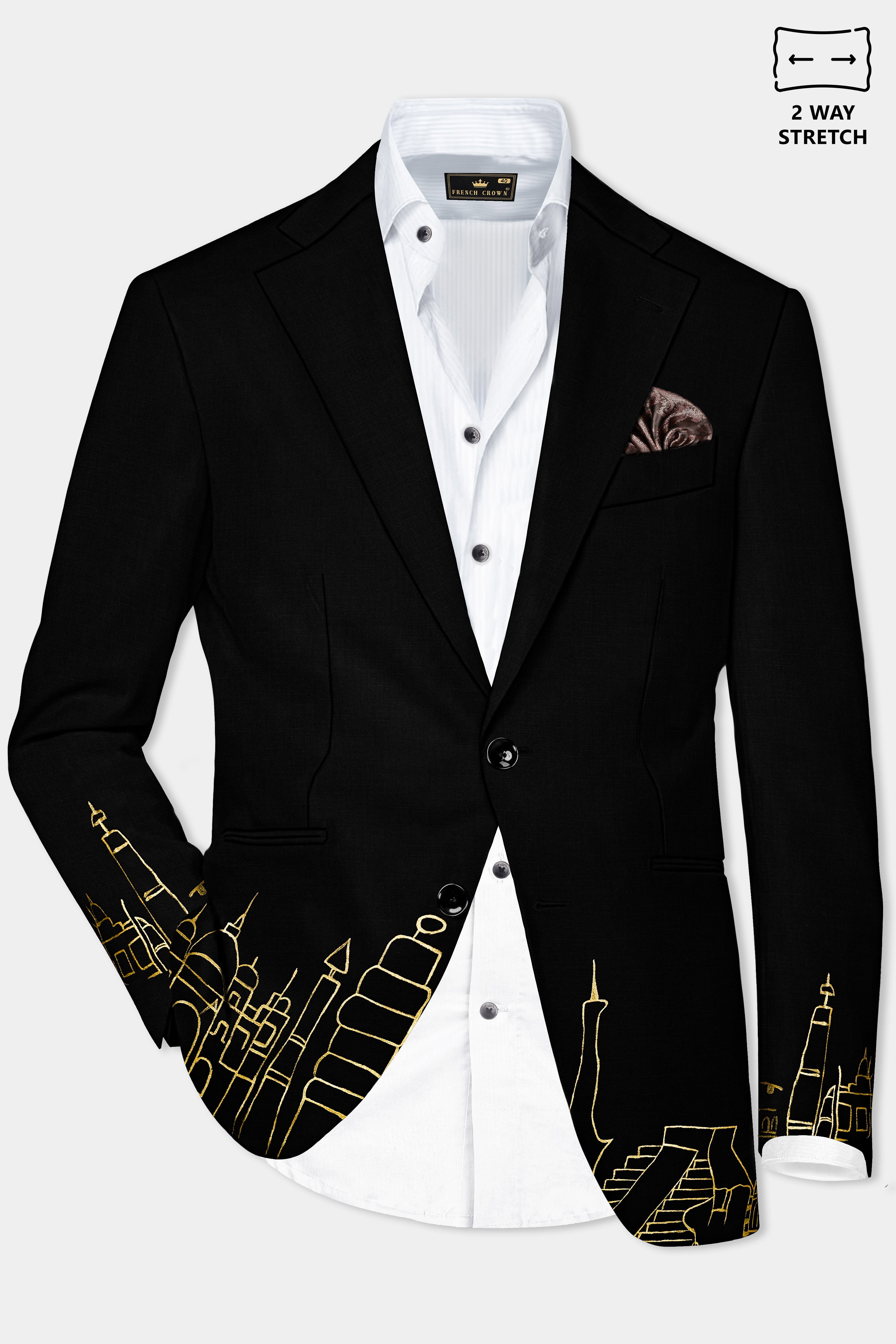 Jade Black With Hand Painted Stretchable Single Breasted Designer Suit