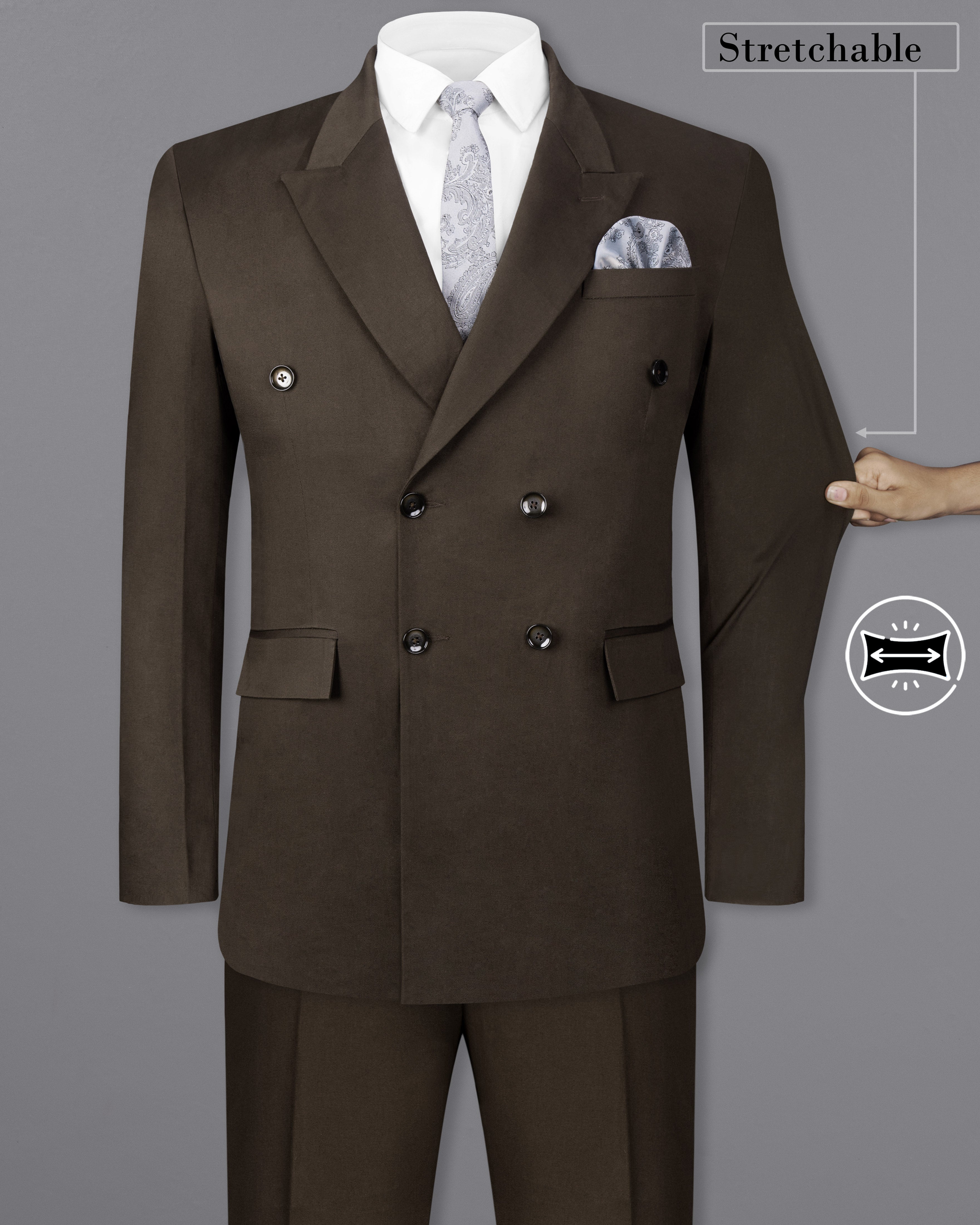 Walnut Brown Solid Stretchable Premium Cotton Double Breasted traveler Suit ST2628-DB-36,ST2628-DB-38,ST2628-DB-40,ST2628-DB-42,ST2628-DB-44,ST2628-DB-46,ST2628-DB-48,ST2628-DB-50,ST2628-DB-52,ST2628-DB-54,ST2628-DB-56,ST2628-DB-58,ST2628-DB-60