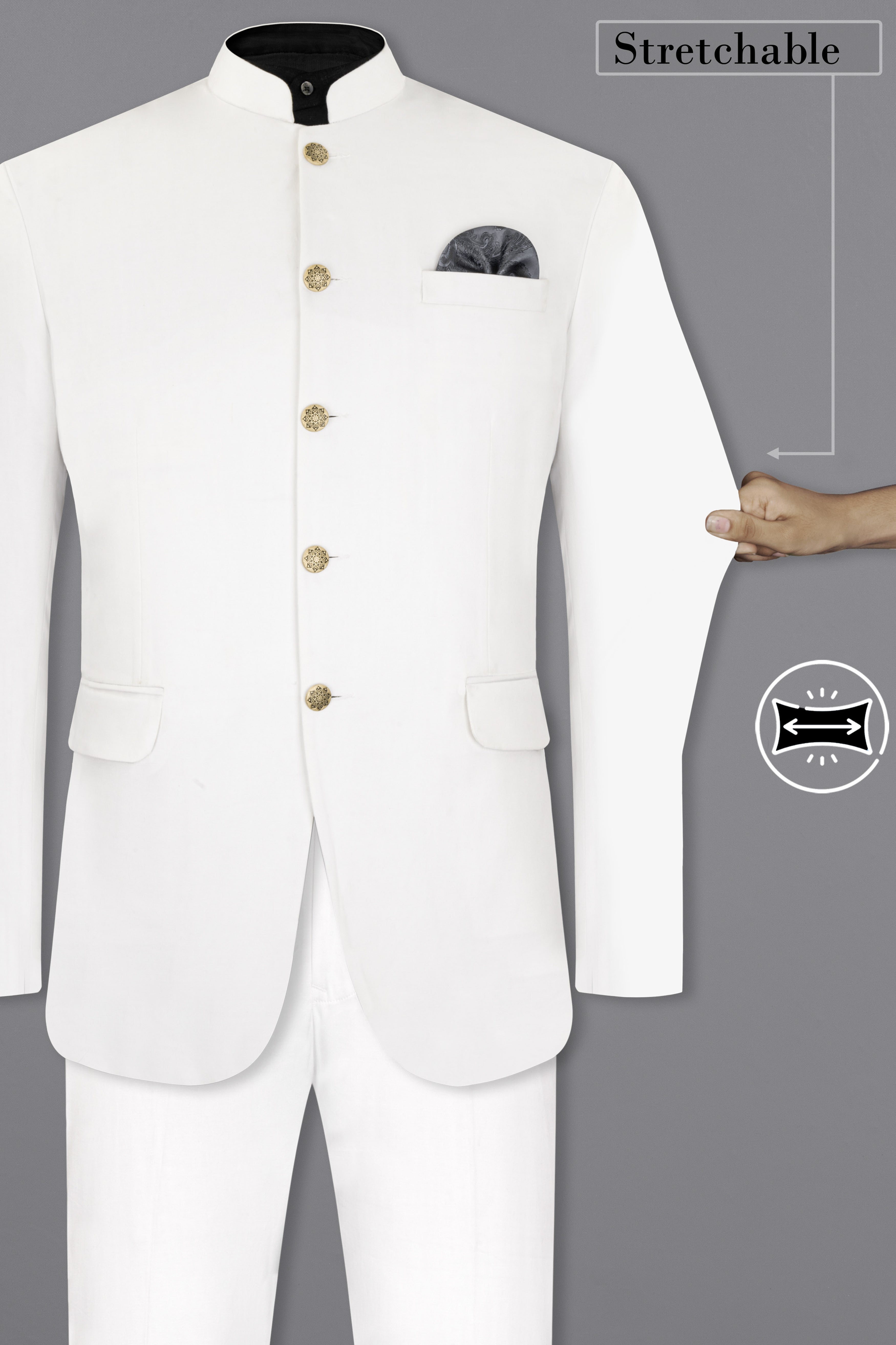 Bright White Solid Stretchable Premium Cotton Bandhgala traveler Suit