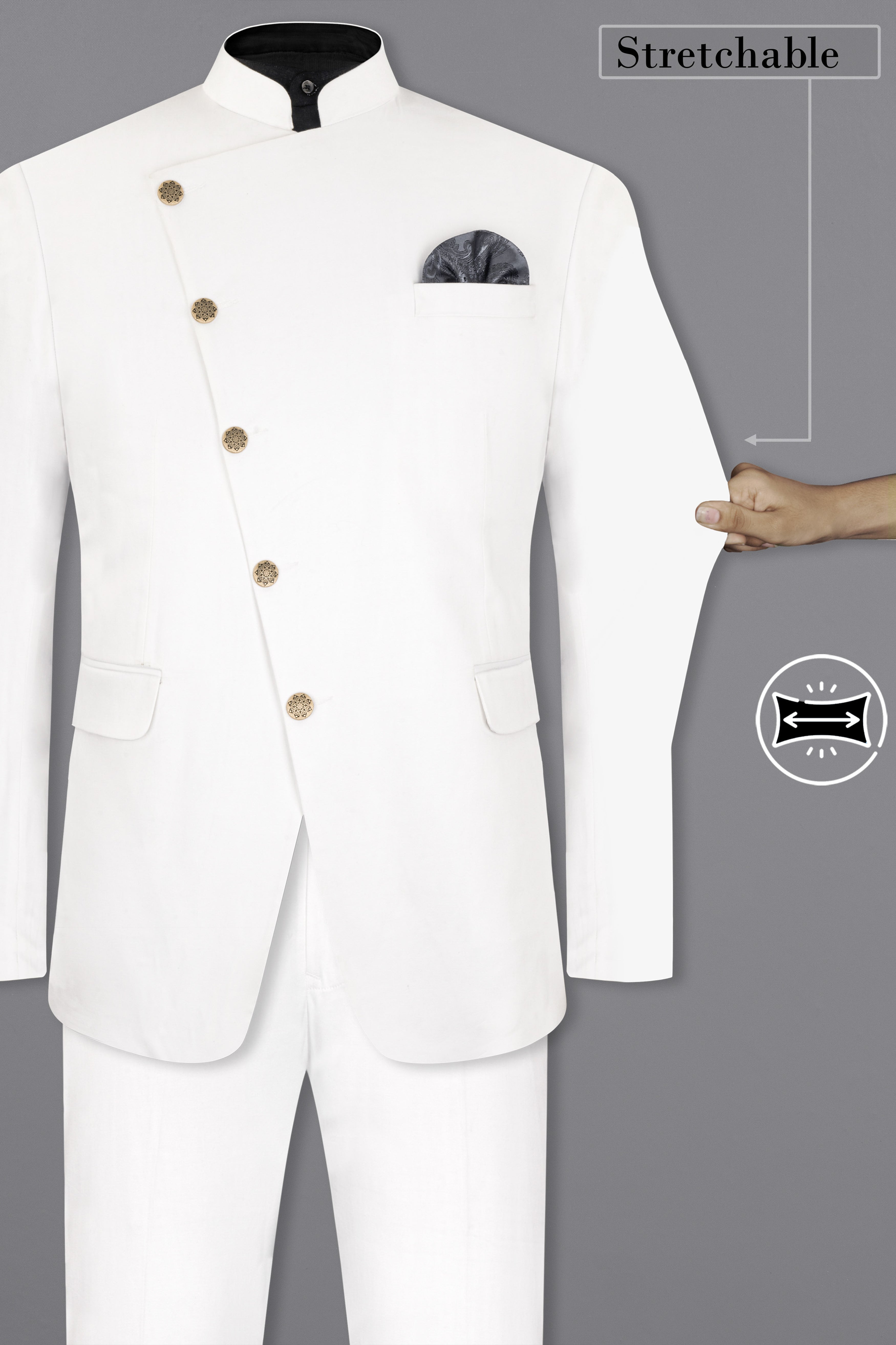 Bright White Cross Placket Stretchable Premium Cotton Bandhgala traveler Suit