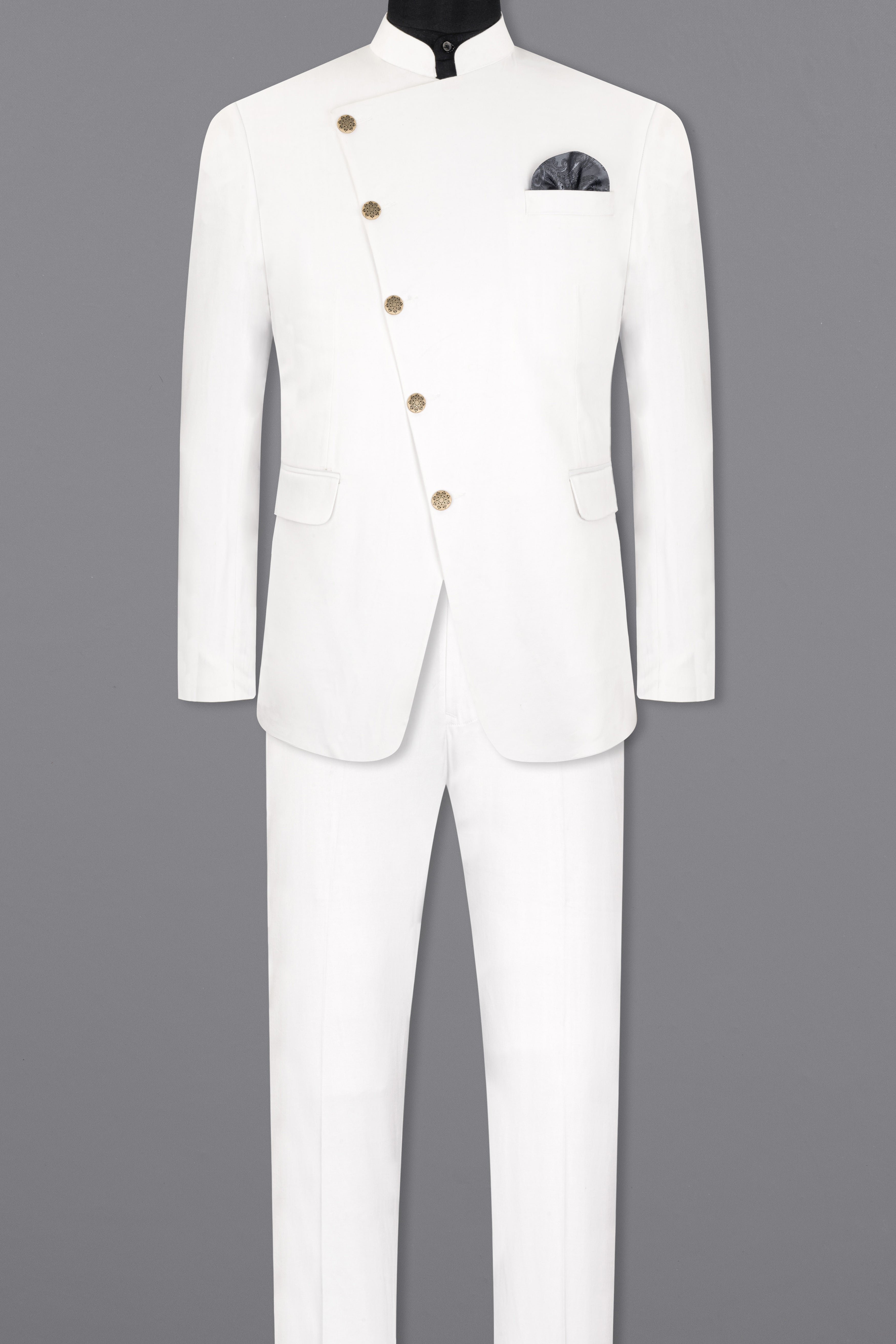 Bright White Cross Placket Stretchable Premium Cotton Bandhgala traveler Suit