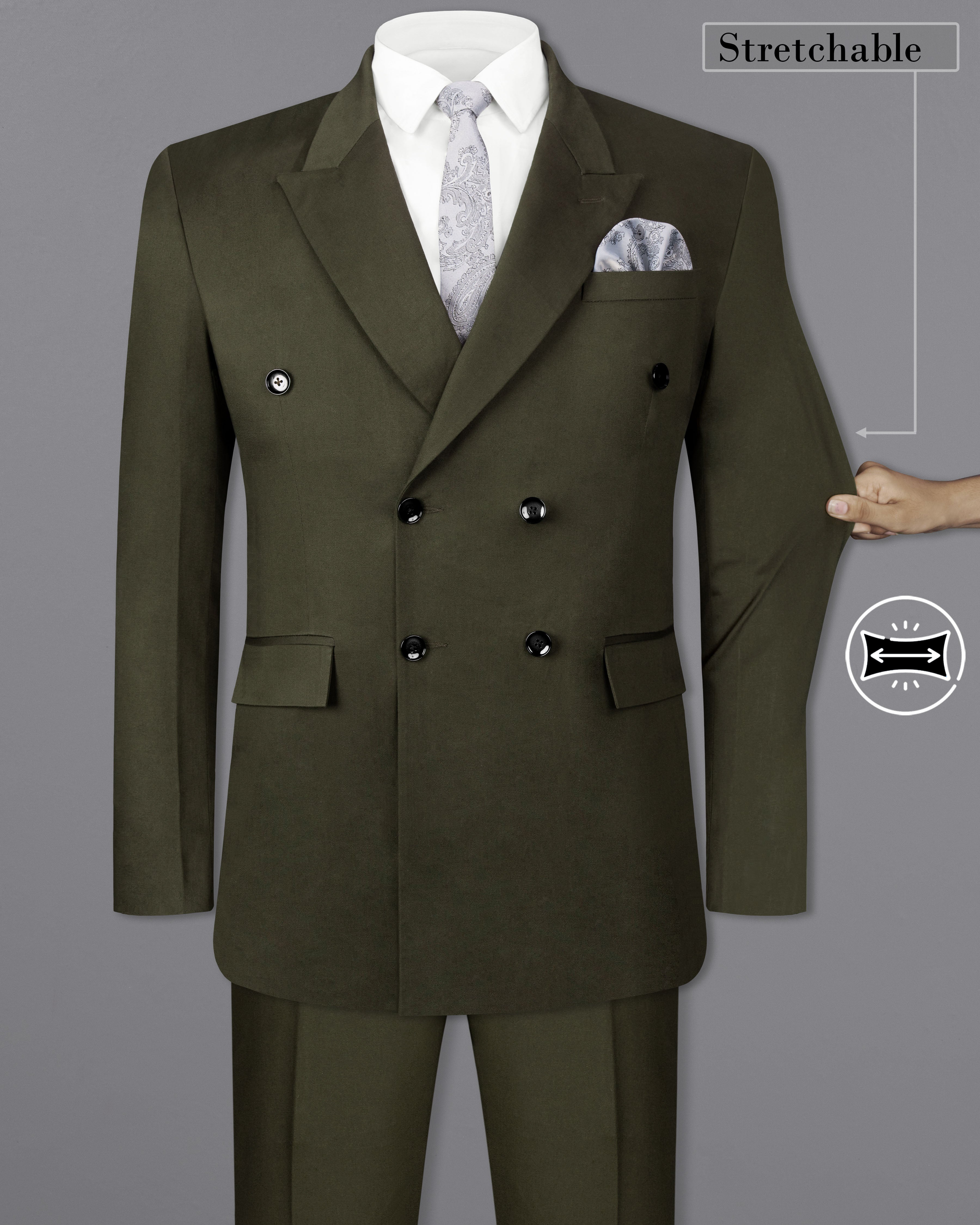 Taupe Green Solid Stretchable Premium Cotton Double Breasted traveler Suit ST2643-DB-36,ST2643-DB-38,ST2643-DB-40,ST2643-DB-42,ST2643-DB-44,ST2643-DB-46,ST2643-DB-48,ST2643-DB-50,ST2643-DB-52,ST2643-DB-54,ST2643-DB-56,ST2643-DB-58,ST2643-DB-60