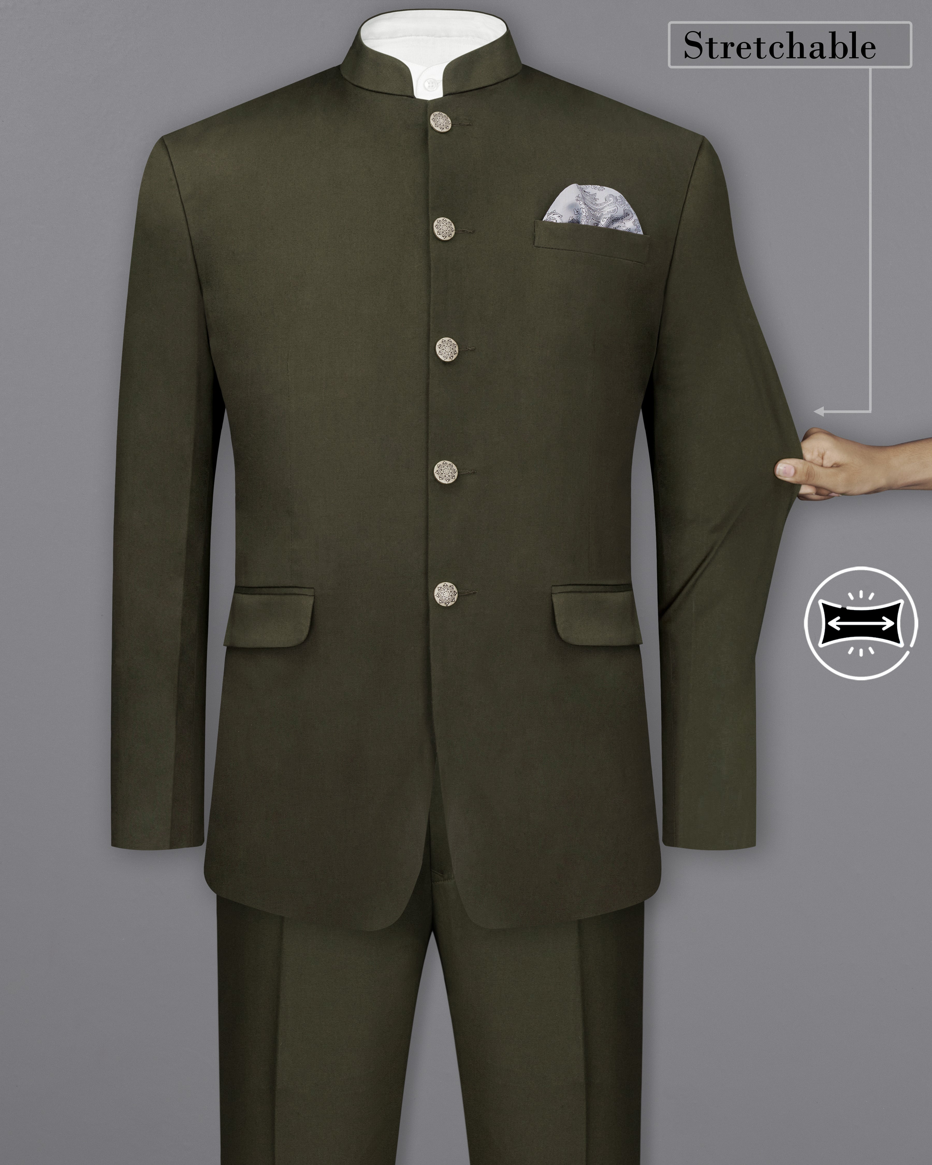 Taupe Green Solid Stretchable Premium Cotton Bandhgala traveler Suit ST2644-BG-36,ST2644-BG-38,ST2644-BG-40,ST2644-BG-42,ST2644-BG-44,ST2644-BG-46,ST2644-BG-48,ST2644-BG-50,ST2644-BG-52,ST2644-BG-54,ST2644-BG-56,ST2644-BG-58,ST2644-BG-60