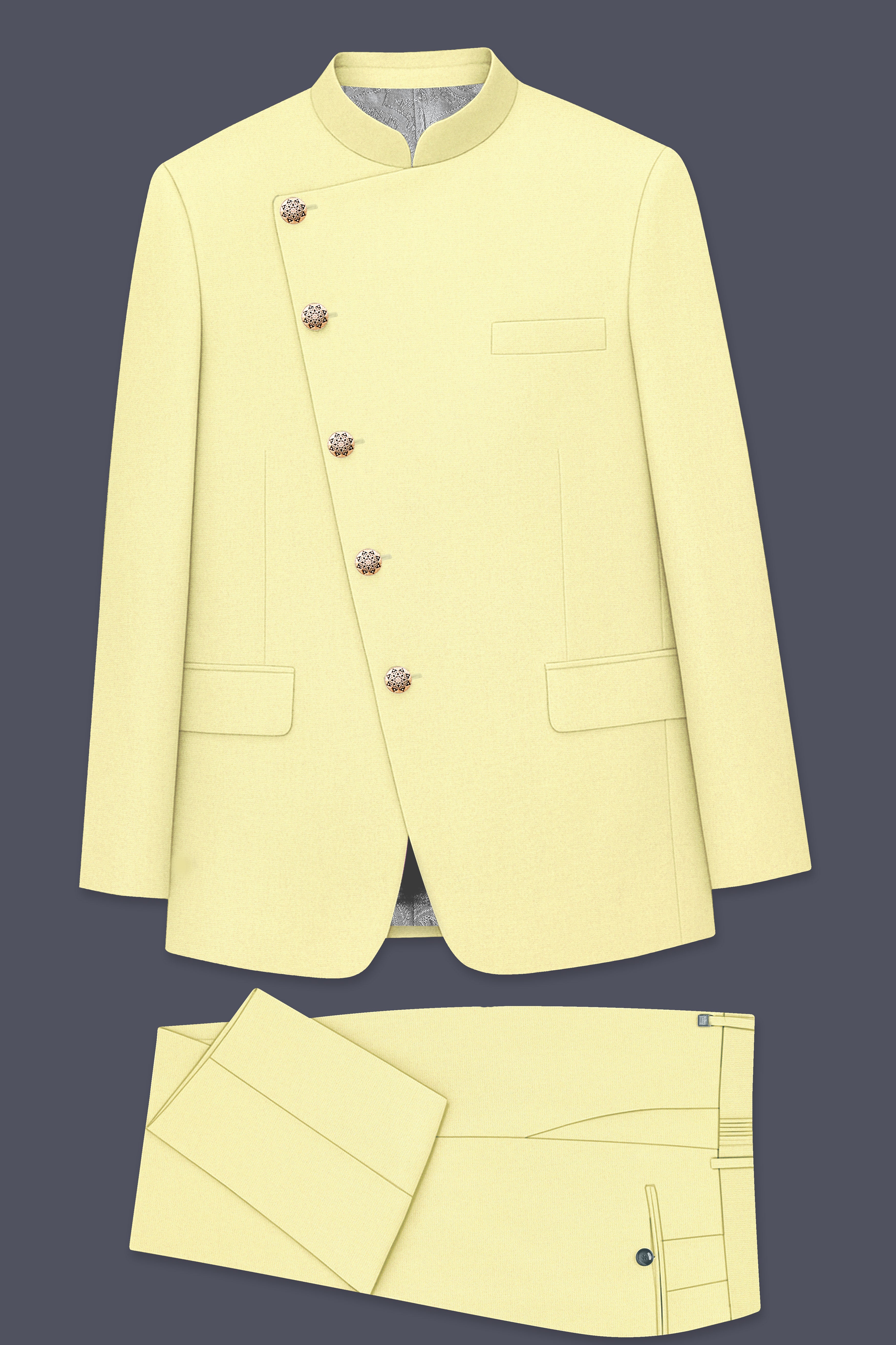 Maize Cream Cross Placket Bandhgala Premium Cotton Stretchable traveler Suit