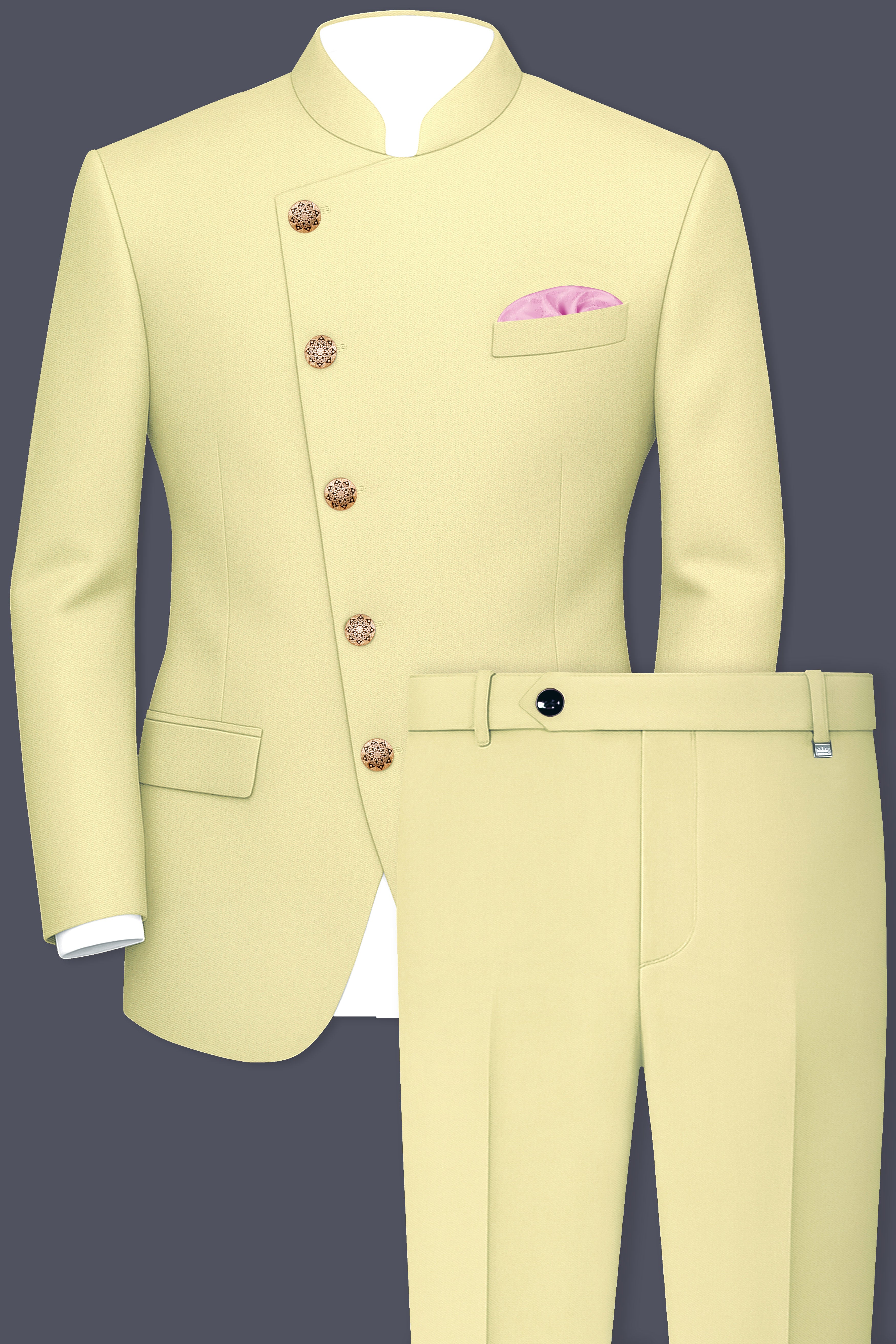 Maize Cream Cross Placket Bandhgala Premium Cotton Stretchable traveler Suit