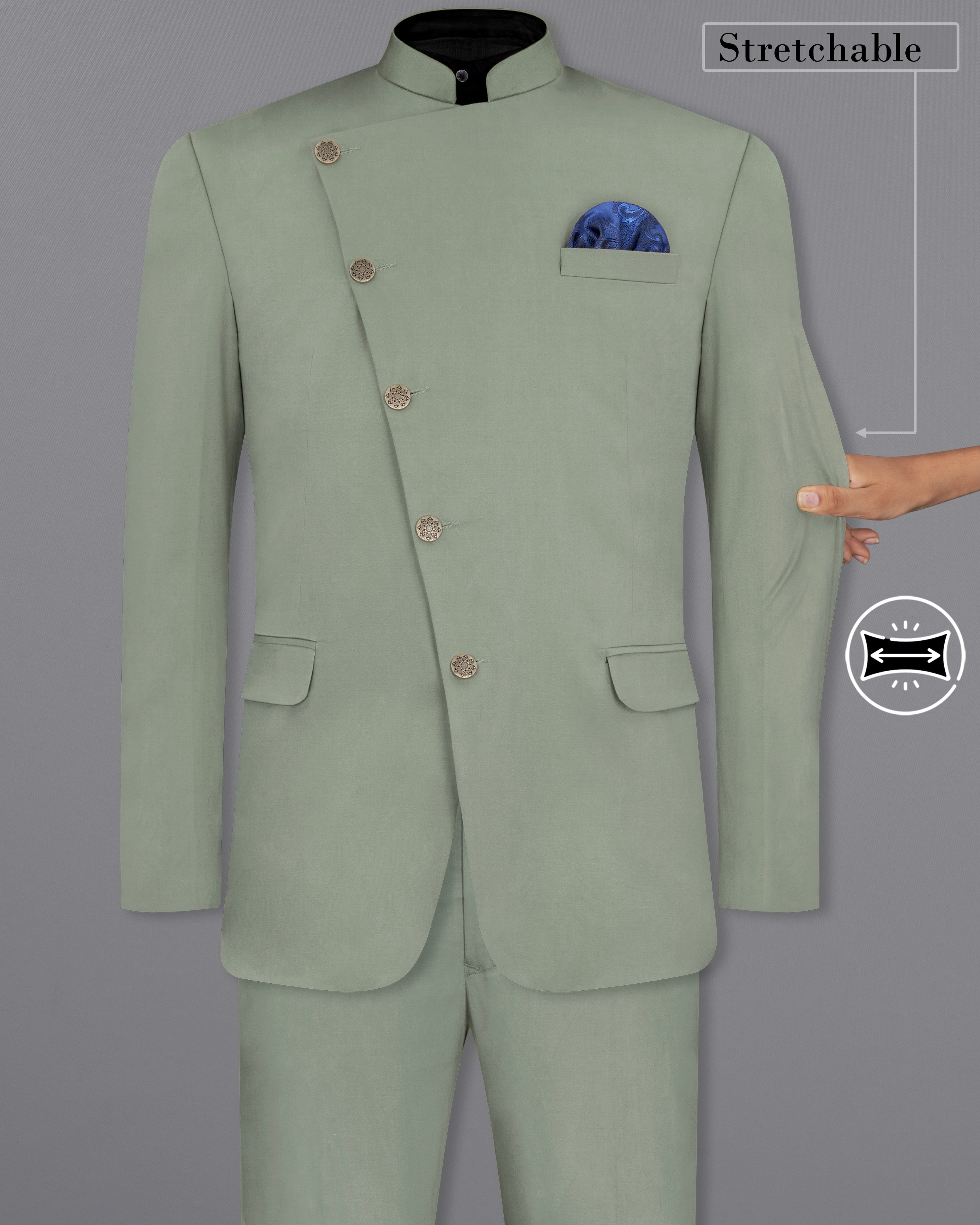 Granite Green Cross Placket Bandhgala Premium Cotton Stretchable traveler Suit