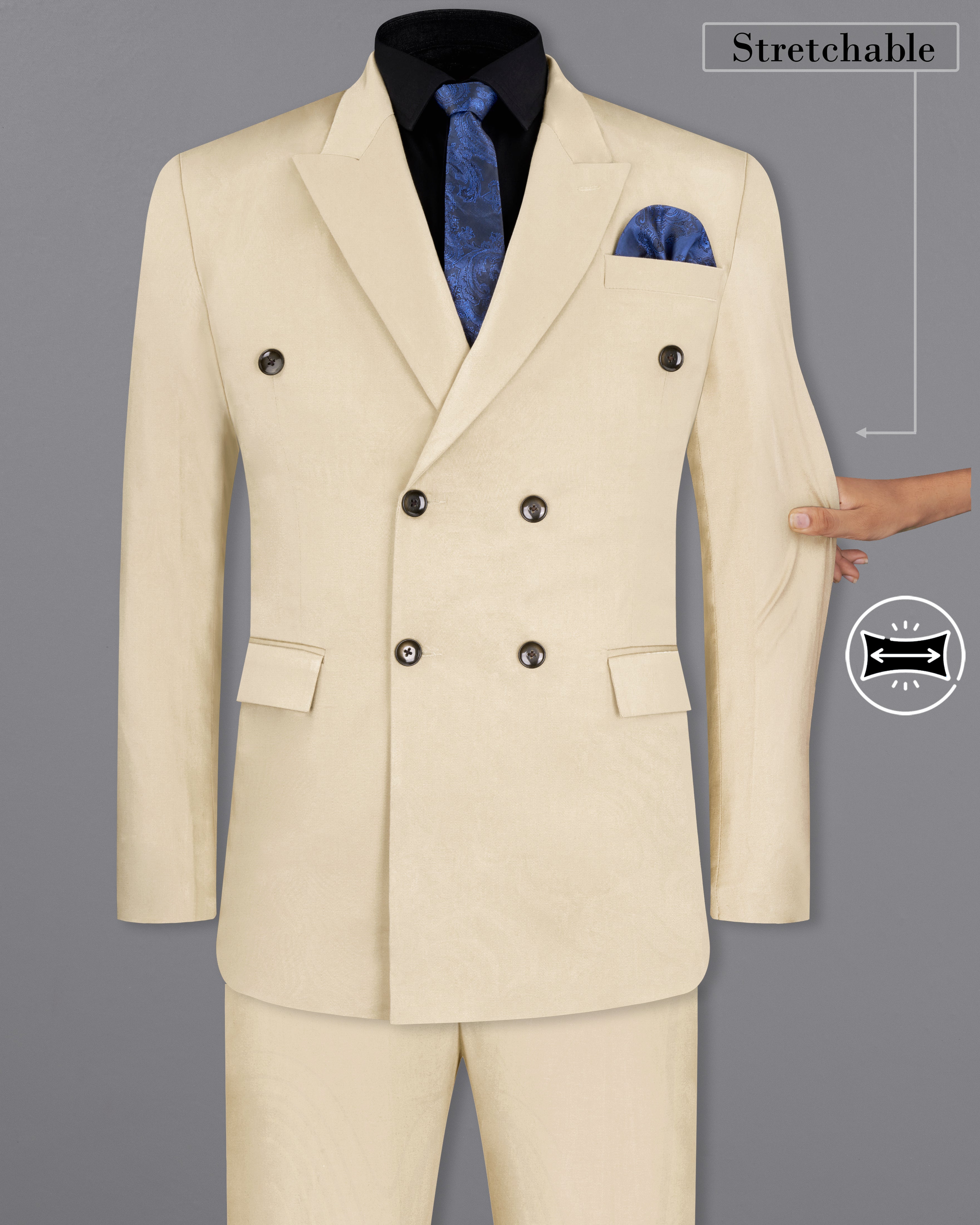 Moon Mist Beige Plain-Solid Premium Cotton Double Breasted Suit