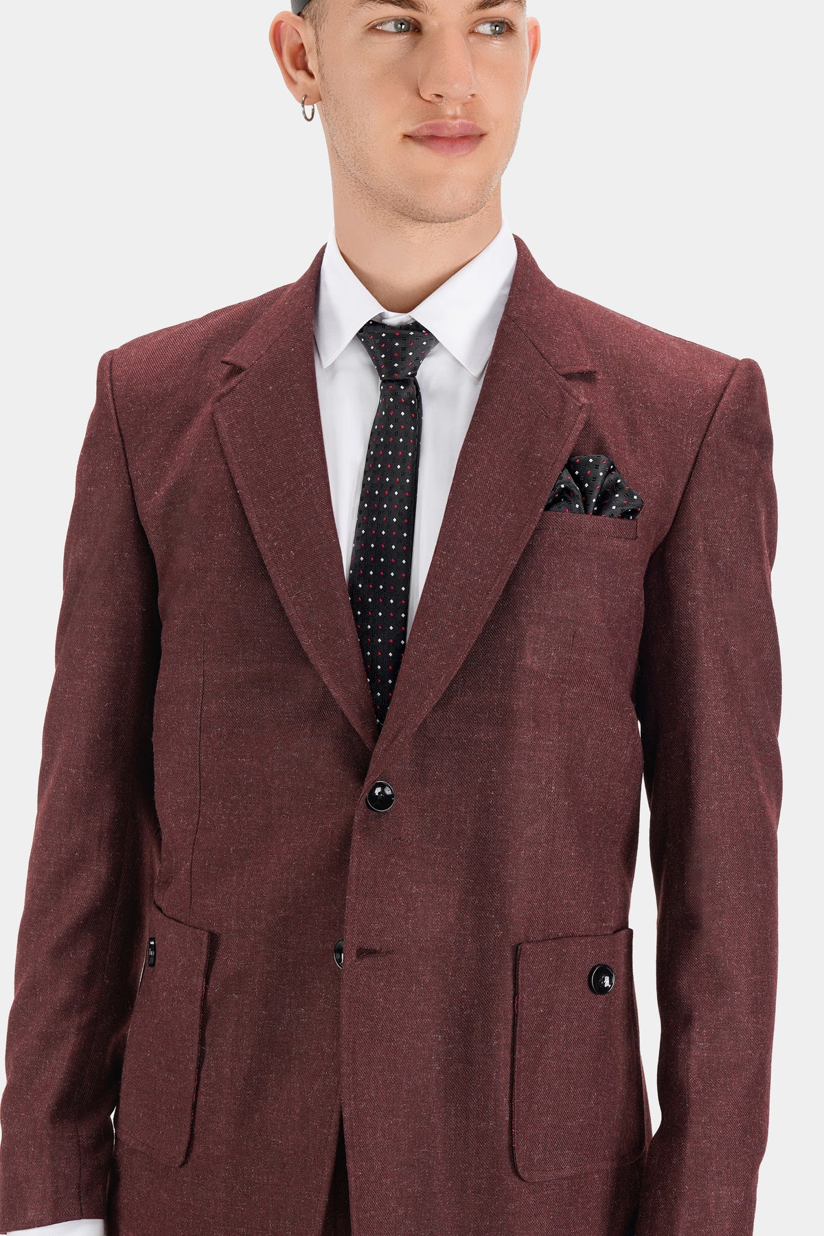 Noir Maroon Tweed Single Breasted Designer Blazer