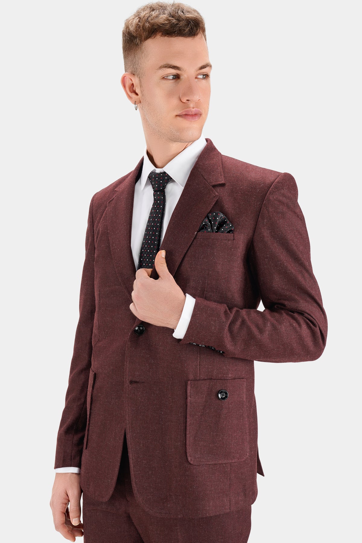 Noir Maroon Tweed Single Breasted Designer Blazer