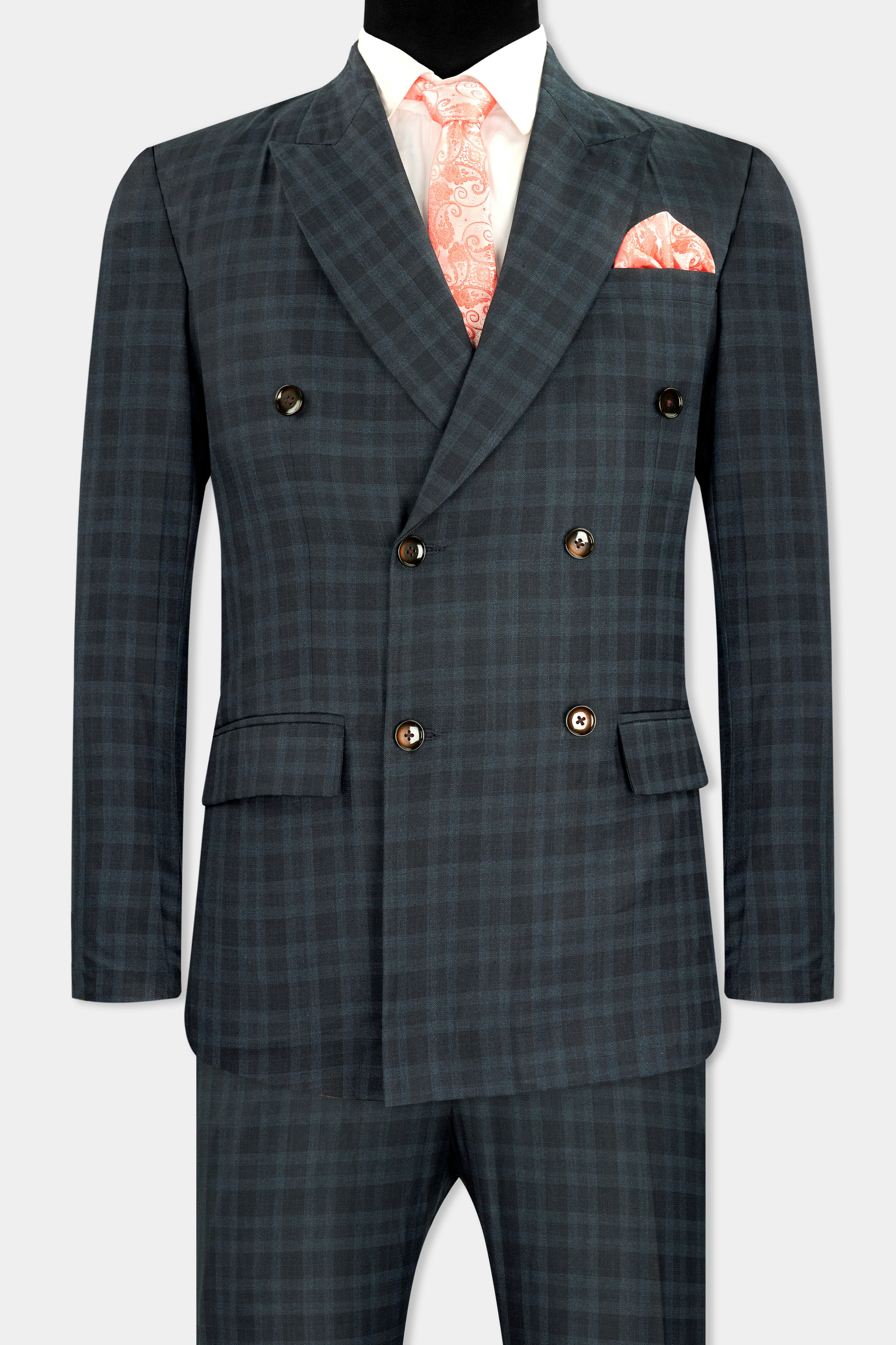 Baltic Sea Blue with Tuna Navy Blue Checkered Wool Rich Double Breasted Suit