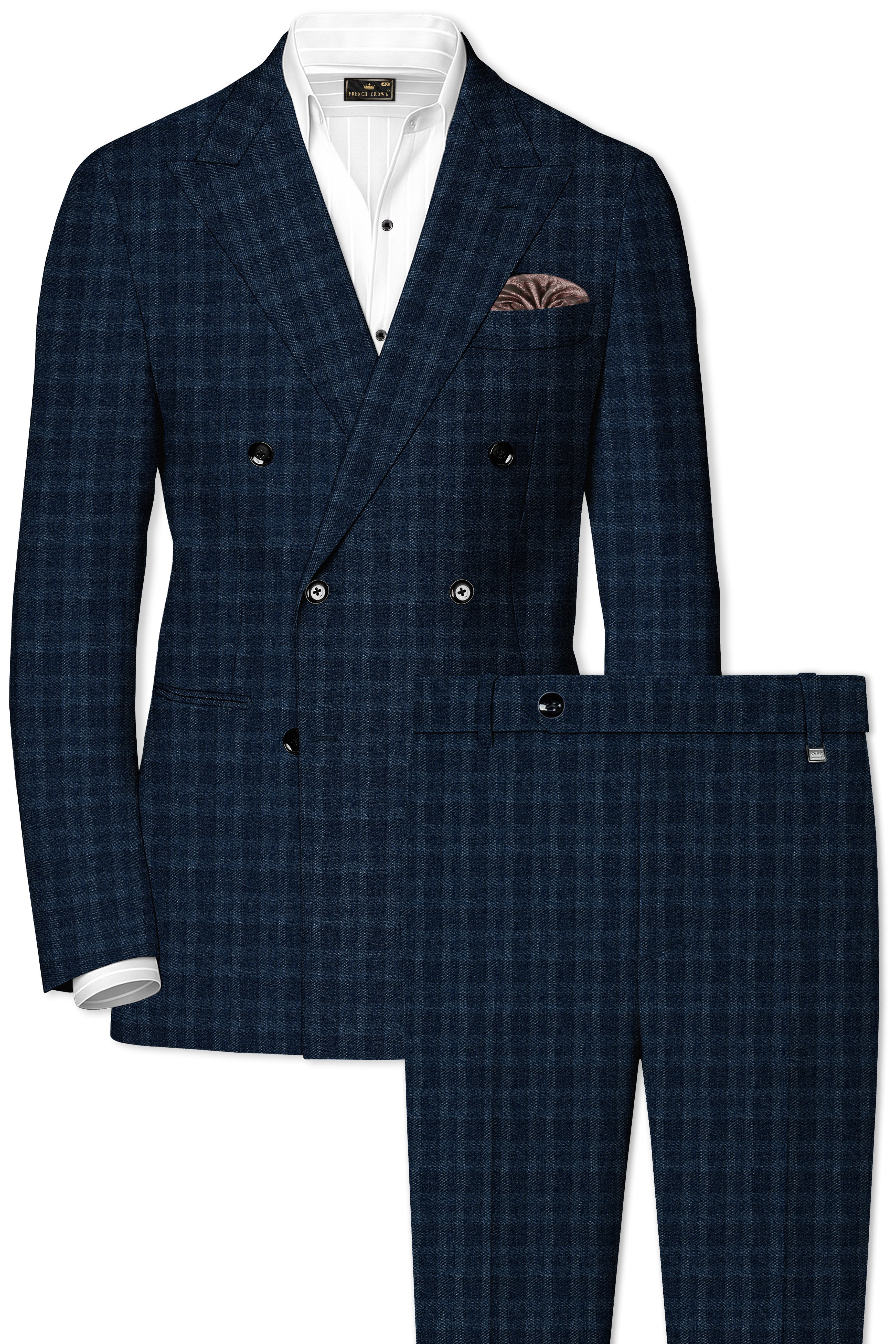 Baltic Sea Blue with Tuna Navy Blue Checkered Wool Rich Double Breasted Suit