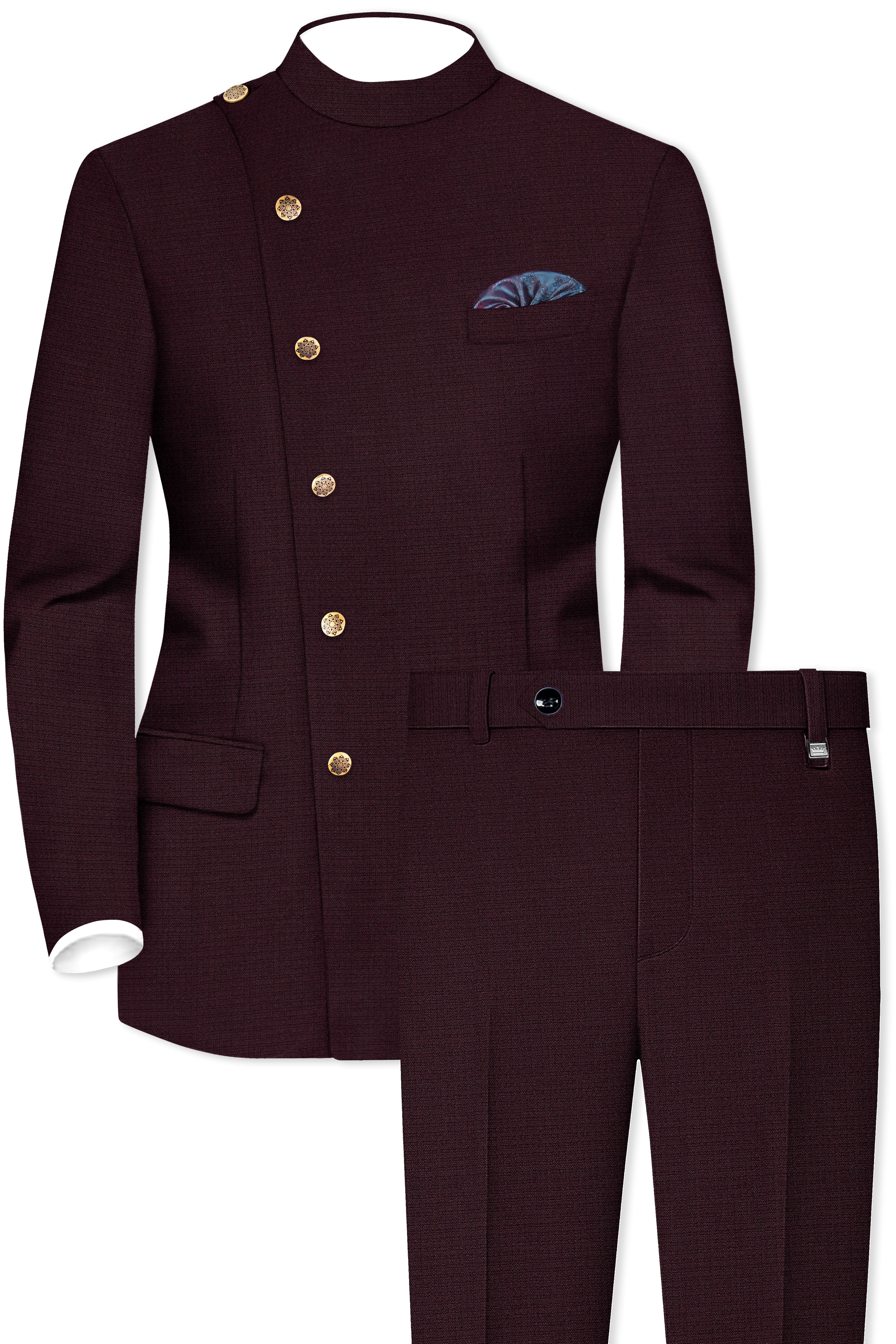 Eclipse Maroon Wool Rich Cross Placket Bandhgala Suit
