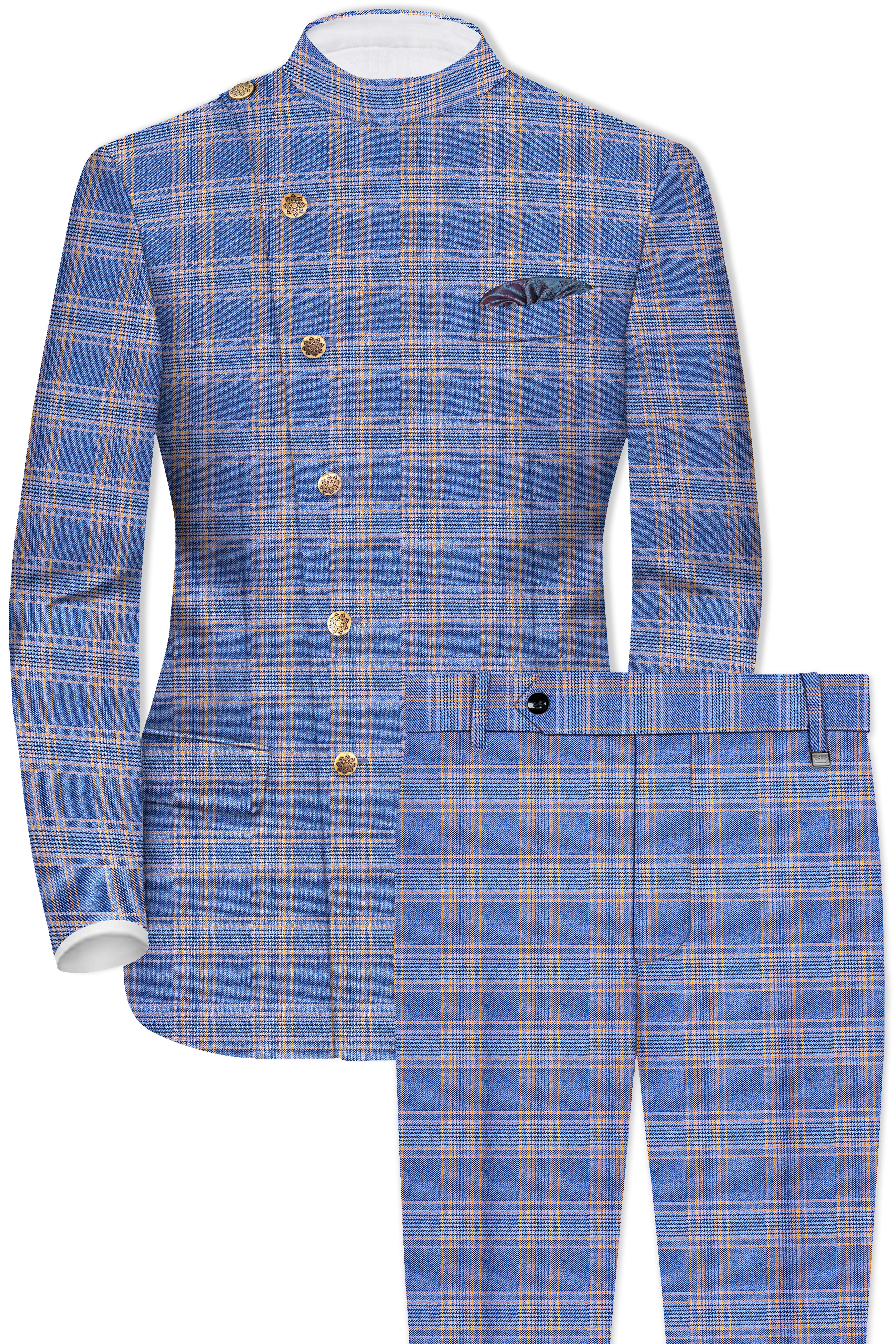 Scampi Blue and Muesli Brown Plaid Wool Rich Cross Placket Bandhgala Suit
