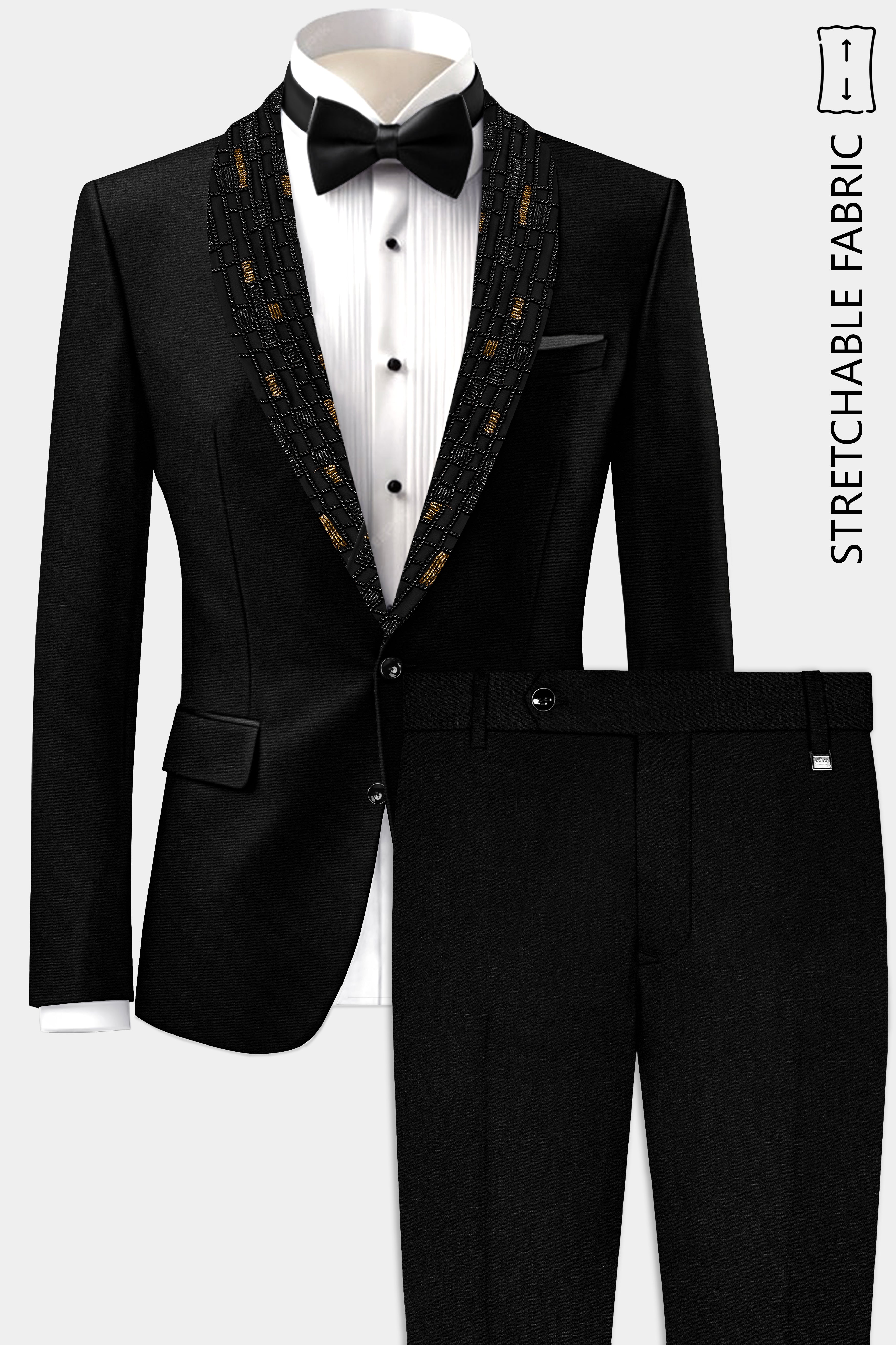 Jade Black Stretchable Wool Rich Tuxedo Designer Suit