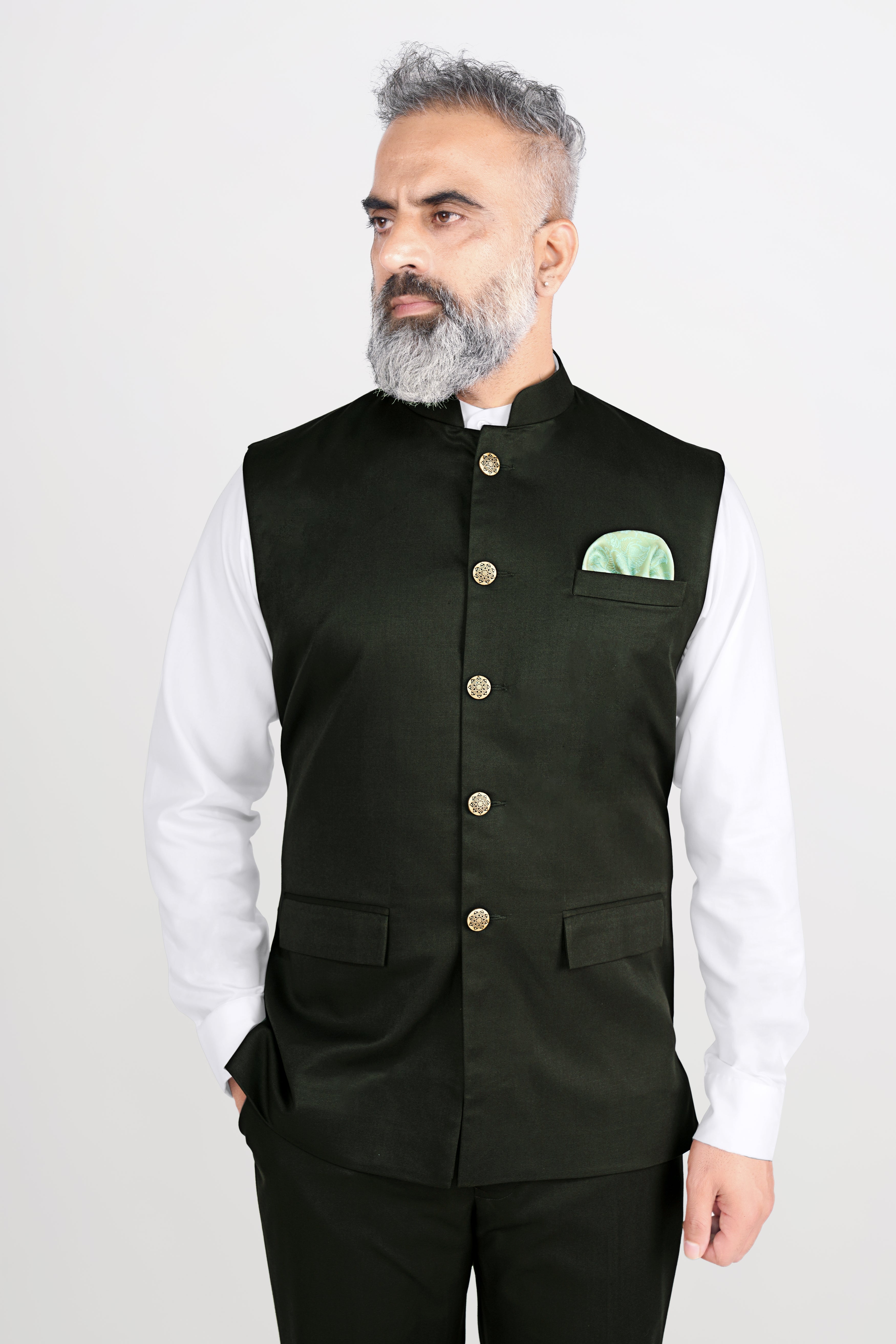 Rangoon Green Wool Rich Bandhgala Designer Suit