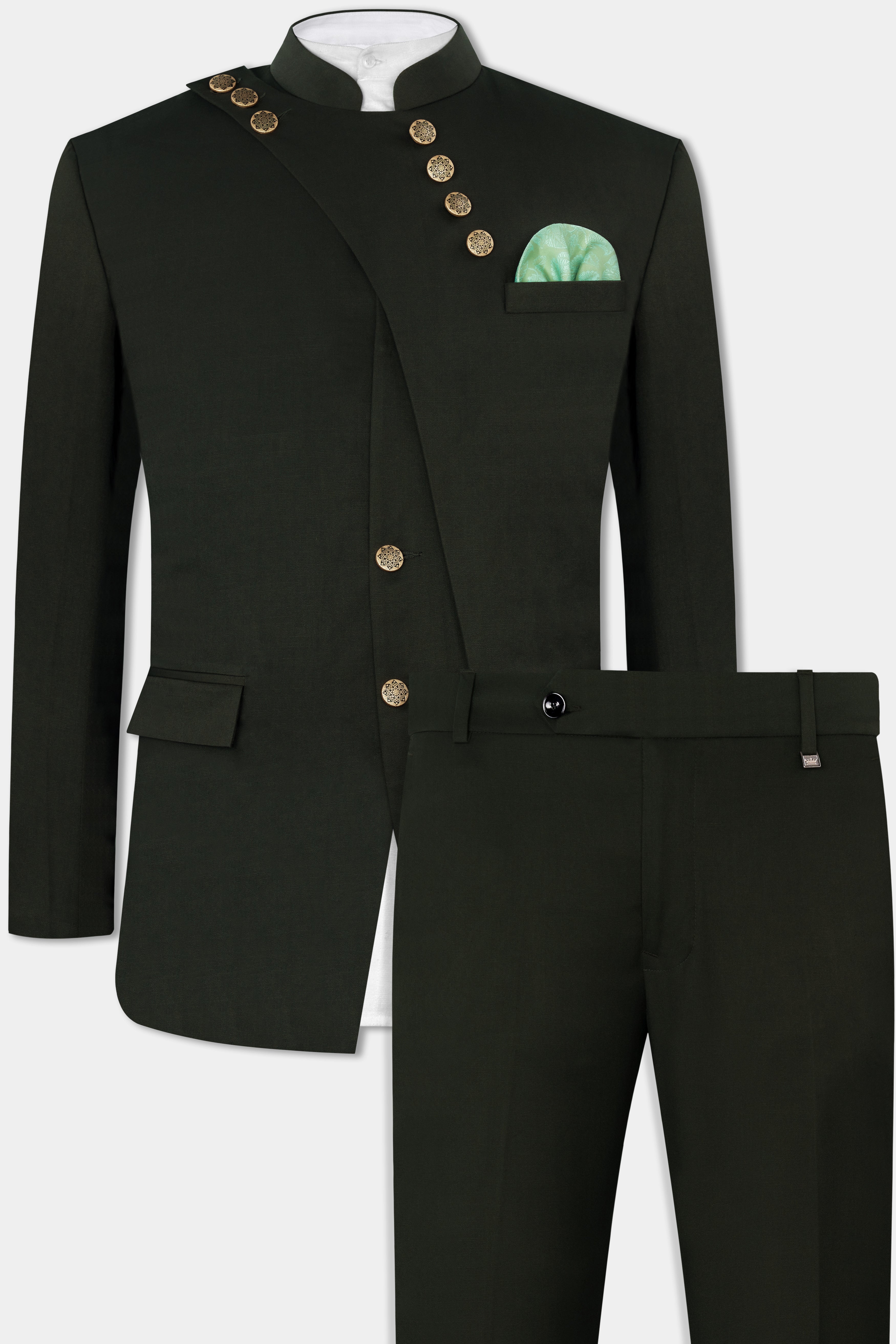 Rangoon Green Wool Rich Bandhgala Designer Suit ST2807-D1-36,ST2807-D1-38,ST2807-D1-40,ST2807-D1-42,ST2807-D1-44,ST2807-D1-46,ST2807-D1-48,ST2807-D1-50,ST2807-D1-52,ST2807-D1-54,ST2807-D1-56,ST2807-D1-58,ST2807-D1-60