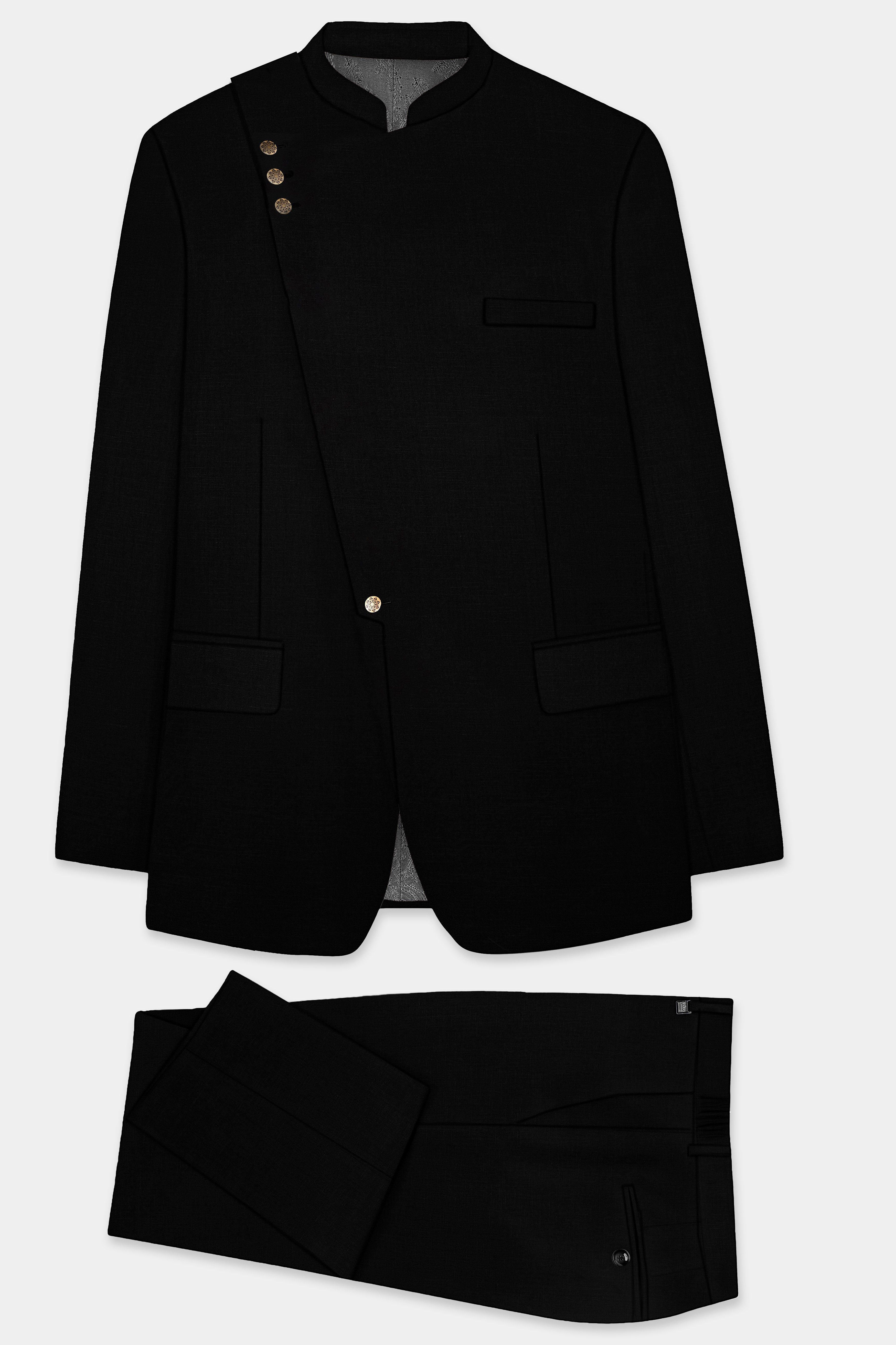 Jade Black Stretchable Wool Rich Cross Placket Bandhgala Designer Stretchable Traveler Suit