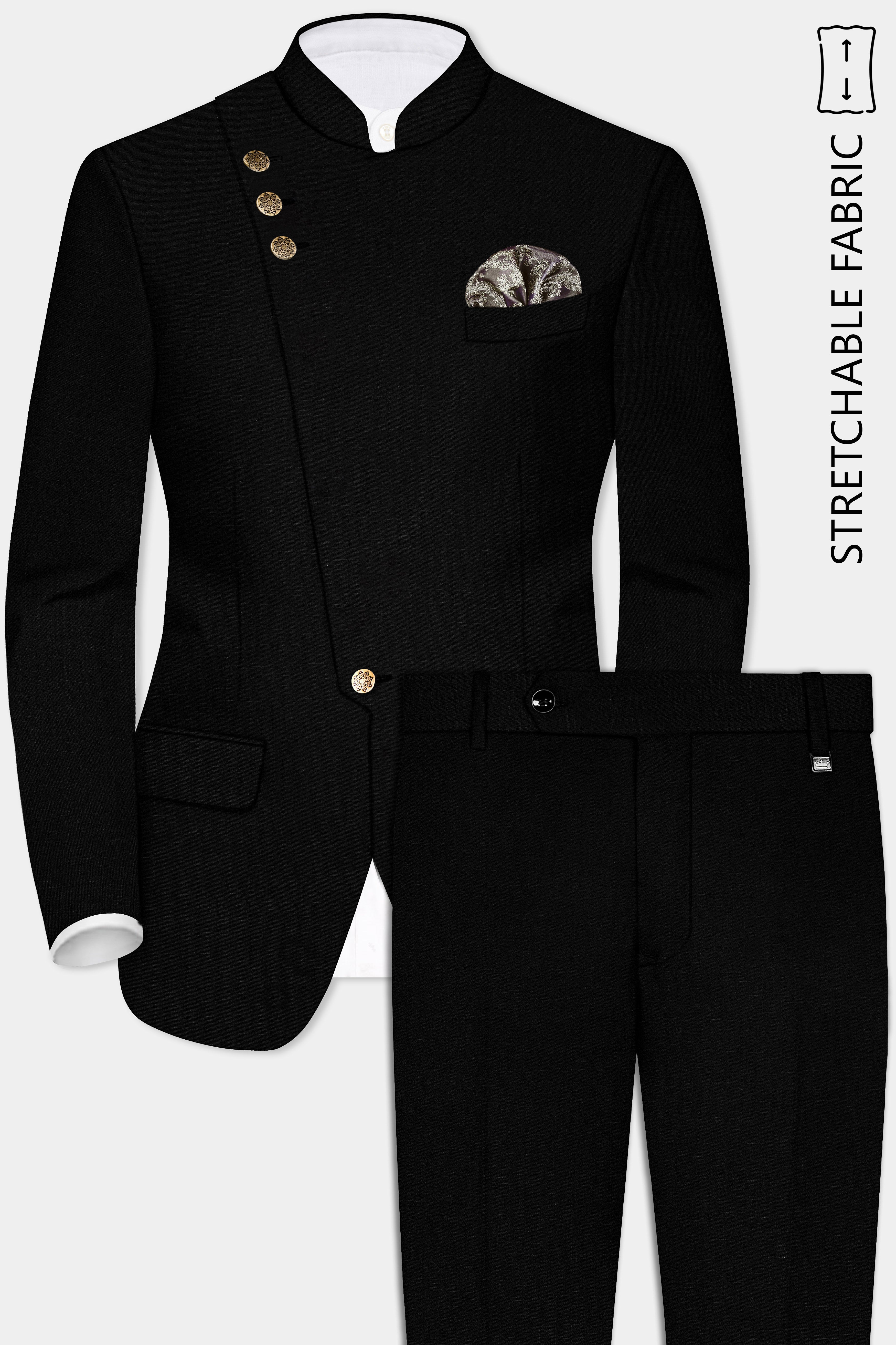 Jade Black Stretchable Wool Rich Cross Placket Bandhgala Designer Stretchable Traveler Suit