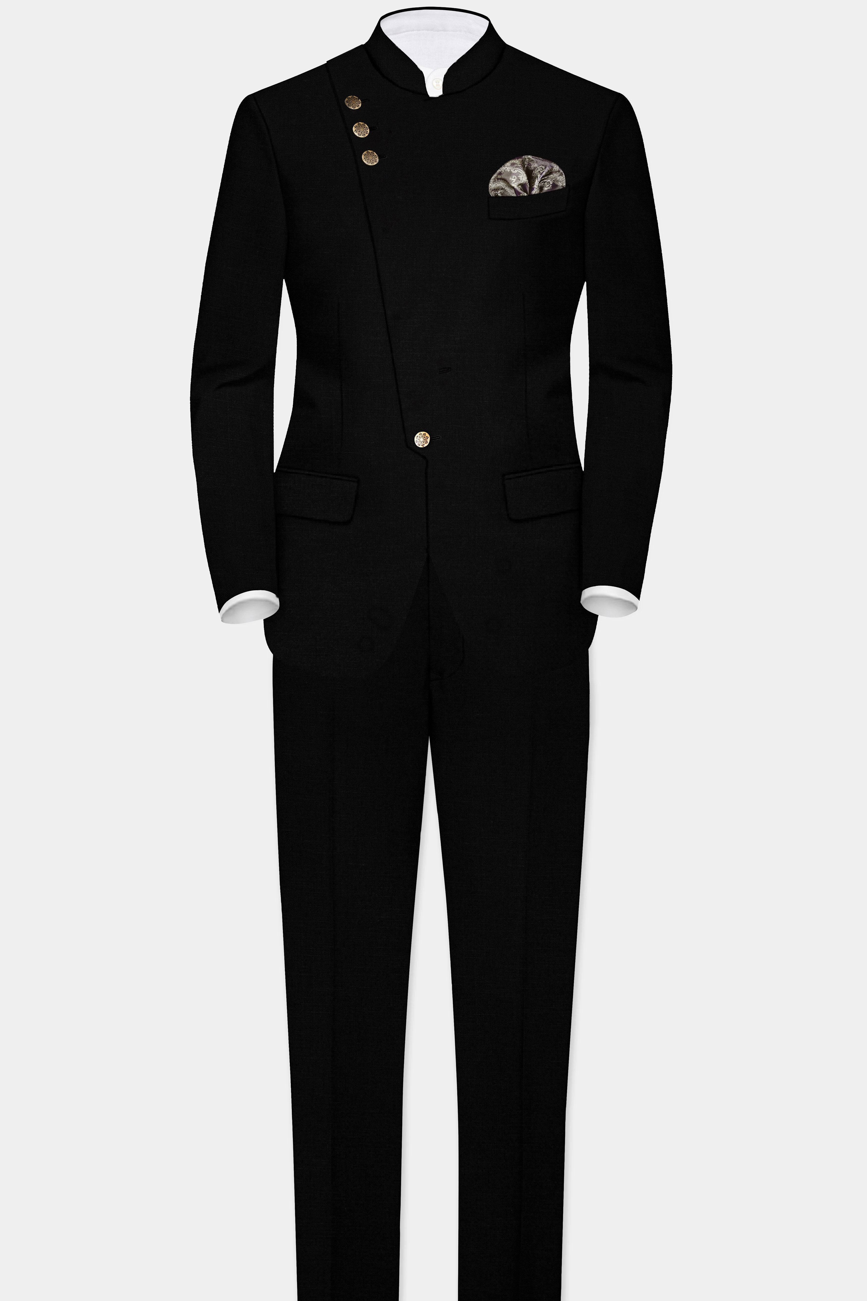 Jade Black Stretchable Wool Rich Cross Placket Bandhgala Designer Stretchable Traveler Suit