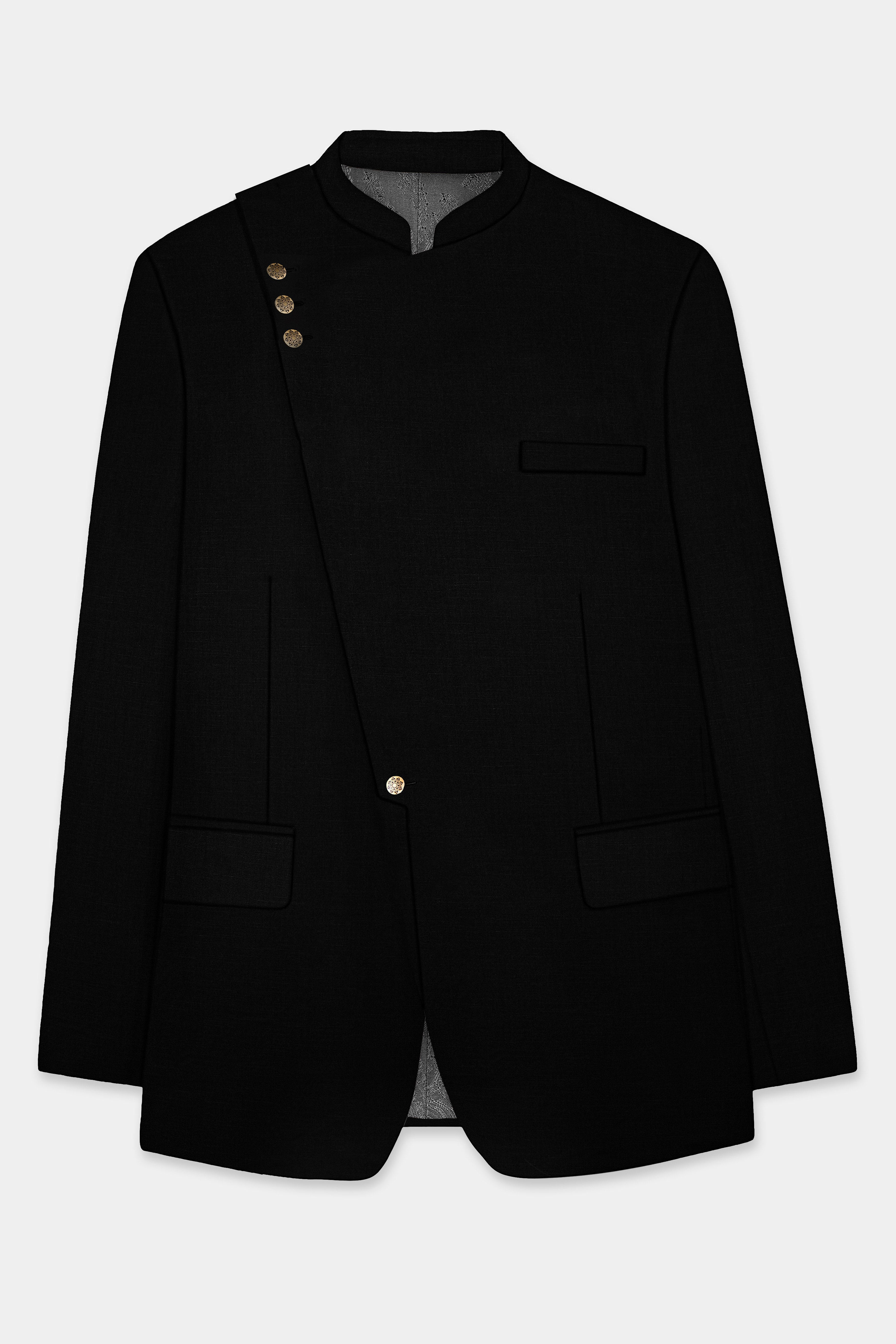 Jade Black Stretchable Wool Rich Cross Placket Bandhgala Designer Stretchable Traveler Suit