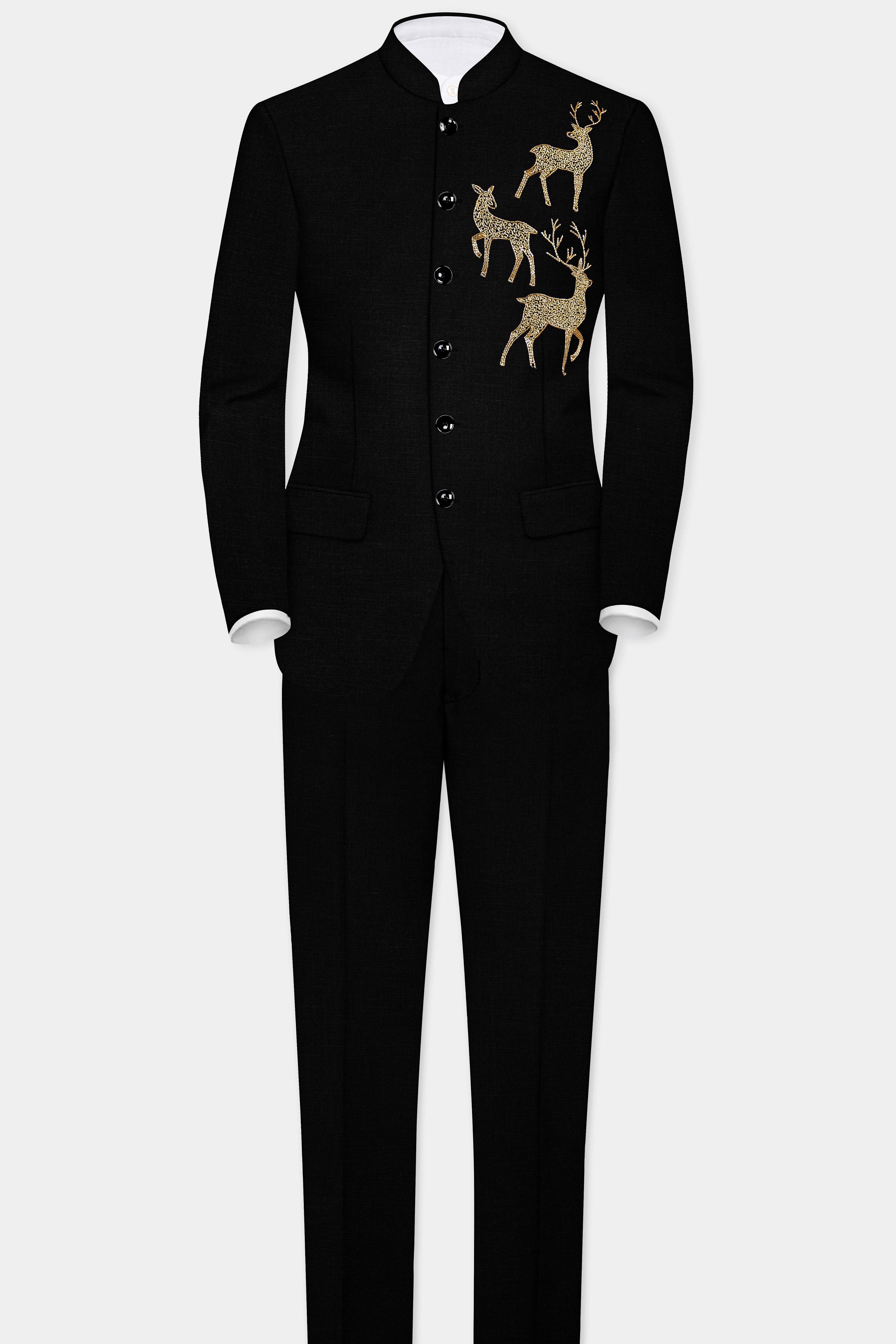 Jade Black Stretchable Wool Rich Deer Hand Crafted Embroidered Bandhgala Designer Suit