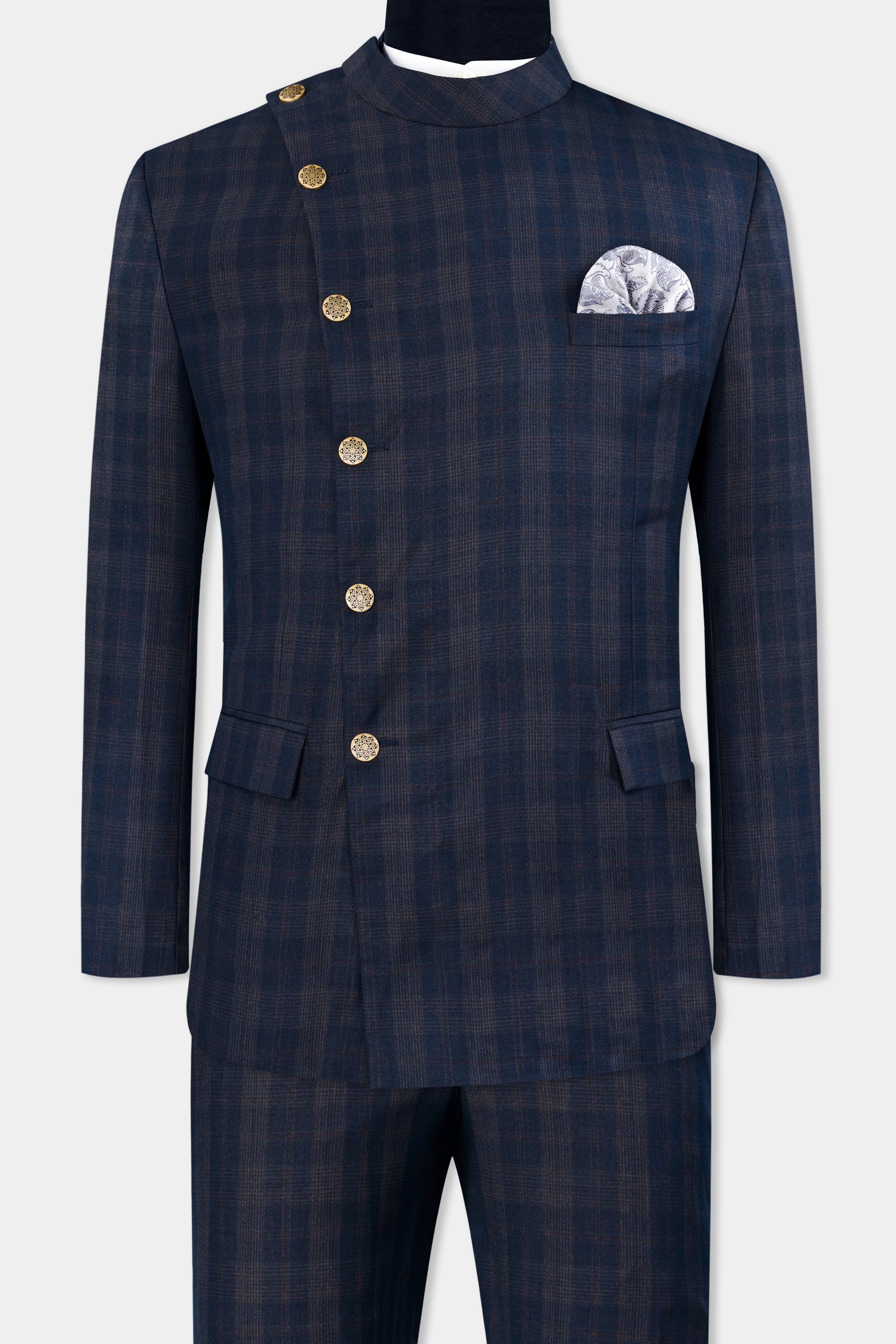 Admiral Blue and Cinereous Brown Plaid Wool Rich Cross Buttoned Bandhgala Suit ST2872-CBG2-36,ST2872-CBG2-38,ST2872-CBG2-40,ST2872-CBG2-42,ST2872-CBG2-44,ST2872-CBG2-46,ST2872-CBG2-48,ST2872-CBG2-50,ST2872-CBG2-52,ST2872-CBG2-54,ST2872-CBG2-56,ST2872-CBG2-58,ST2872-CBG2-60