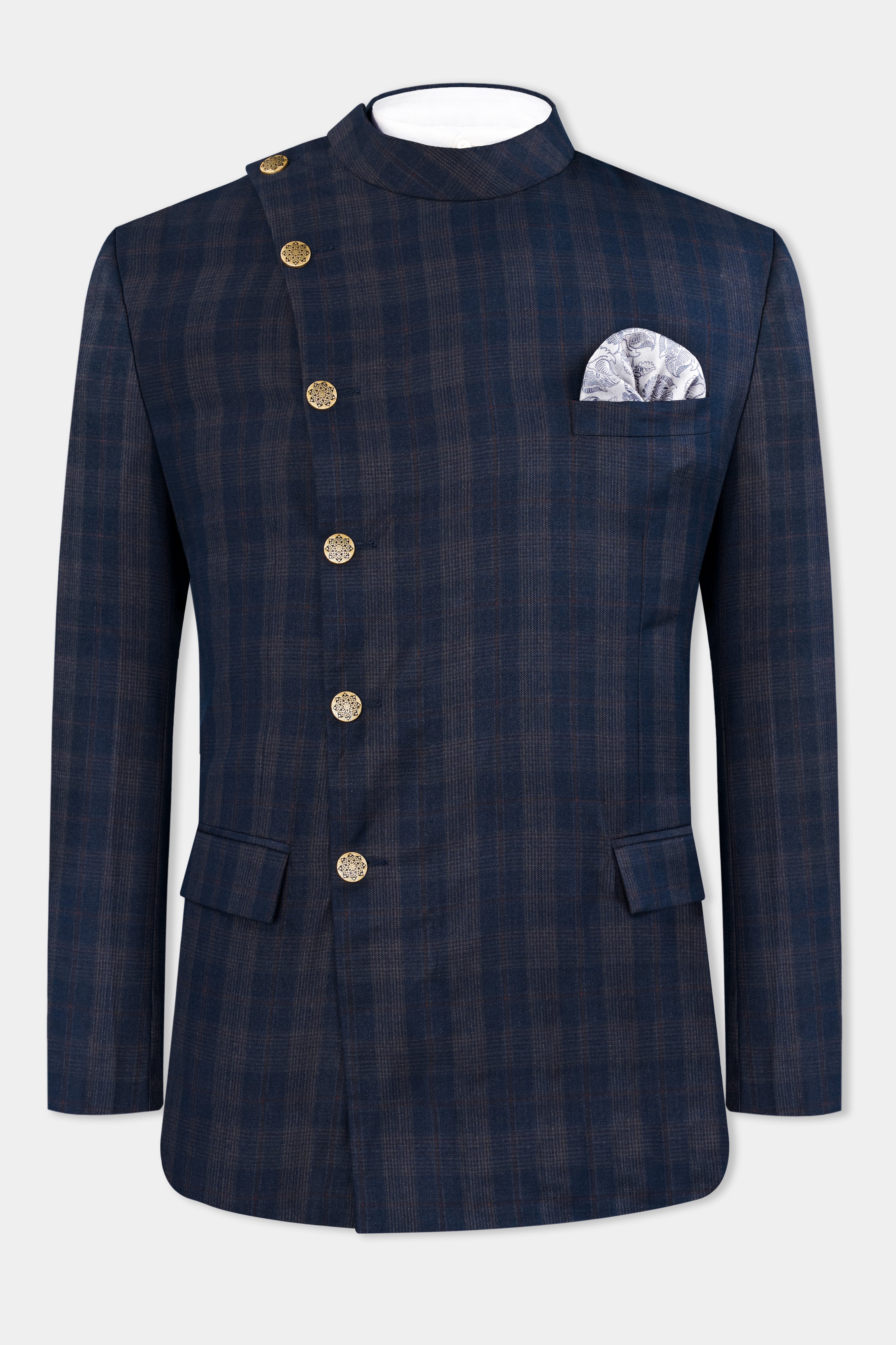 Admiral Blue and Cinereous Brown Plaid Wool Rich Cross Buttoned Bandhgala Suit ST2872-CBG2-36,ST2872-CBG2-38,ST2872-CBG2-40,ST2872-CBG2-42,ST2872-CBG2-44,ST2872-CBG2-46,ST2872-CBG2-48,ST2872-CBG2-50,ST2872-CBG2-52,ST2872-CBG2-54,ST2872-CBG2-56,ST2872-CBG2-58,ST2872-CBG2-60