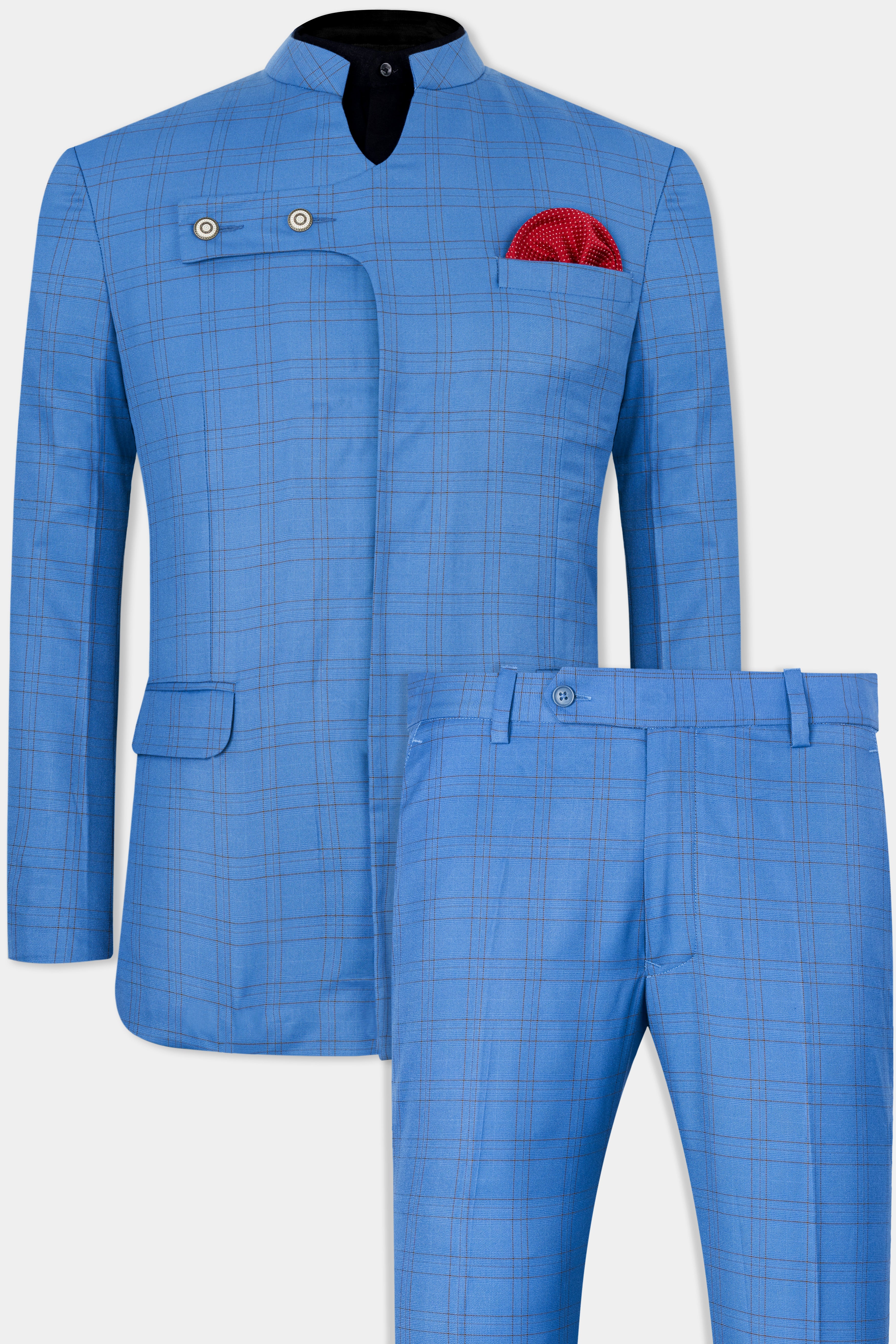 Tufts Blue and Taupe Brown Plaid Wool Rich Bandhgala Designer Suit ST2876-D434-36,ST2876-D434-38,ST2876-D434-40,ST2876-D434-42,ST2876-D434-44,ST2876-D434-46,ST2876-D434-48,ST2876-D434-50,ST2876-D434-52,ST2876-D434-54,ST2876-D434-56,ST2876-D434-58,ST2876-D434-60