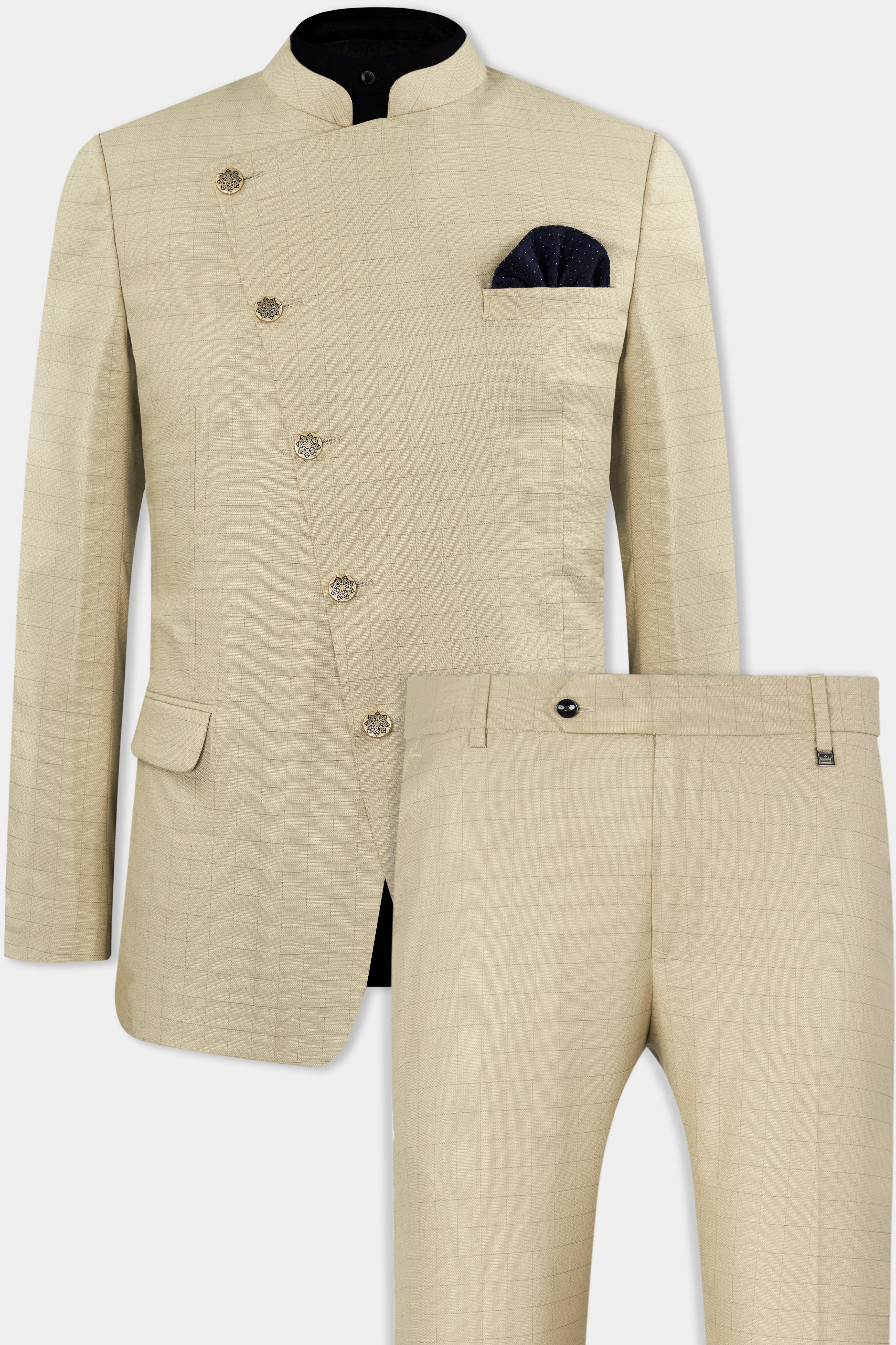 Pavlova Brown with Taupe Brown Checkered Dobby Wool Rich Cross Buttoned Bandhgala Suit ST2878-CBG-36,ST2878-CBG-38,ST2878-CBG-40,ST2878-CBG-42,ST2878-CBG-44,ST2878-CBG-46,ST2878-CBG-48,ST2878-CBG-50,ST2878-CBG-52,ST2878-CBG-54,ST2878-CBG-56,ST2878-CBG-58,ST2878-CBG-60