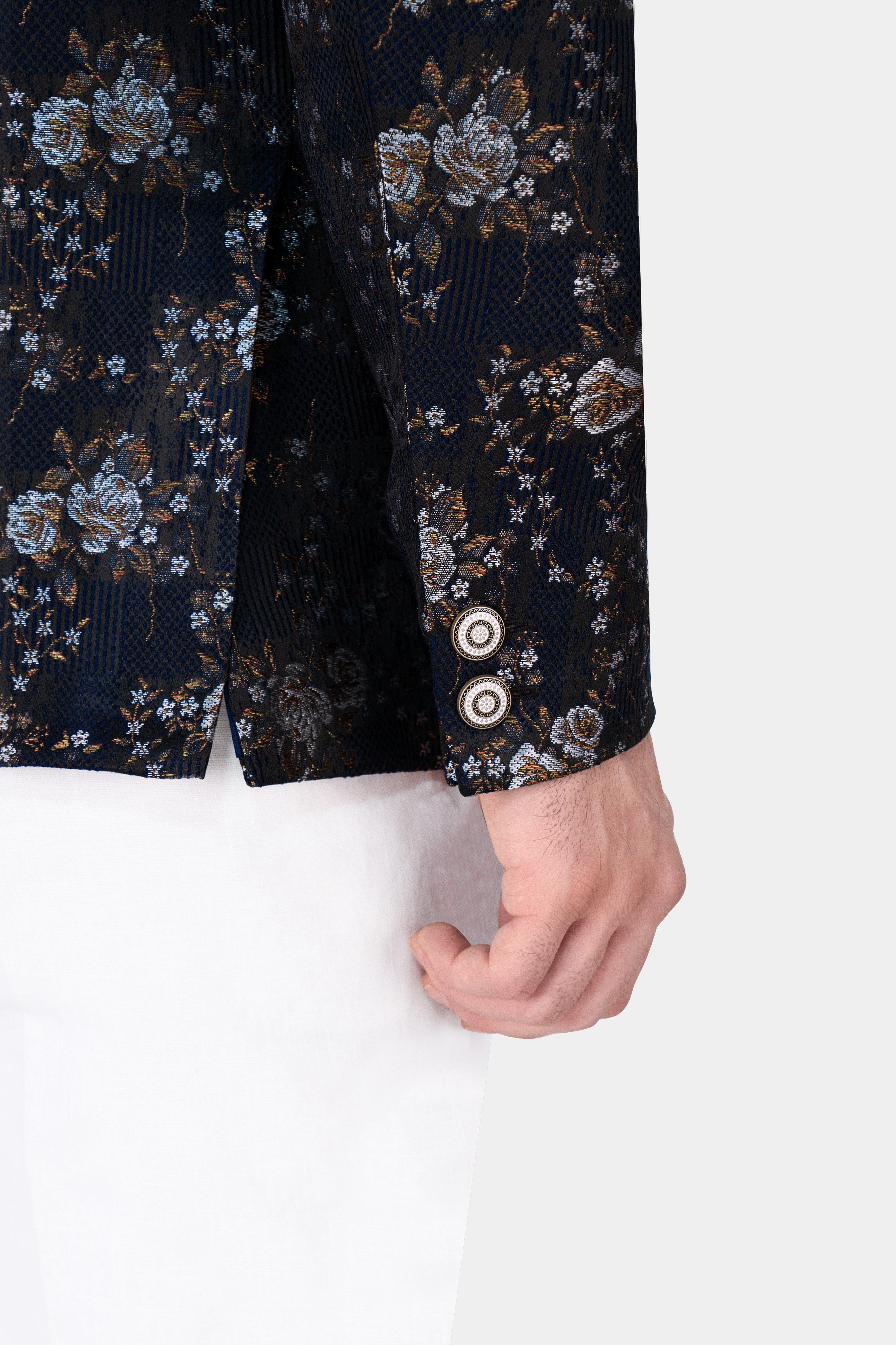 Cove Blue and Sepia Brown Floral Jacquard Textured Premium Giza Cotton Bandhgala Designer Suit ST2879-D393-36,ST2879-D393-38,ST2879-D393-40,ST2879-D393-42,ST2879-D393-44,ST2879-D393-46,ST2879-D393-48,ST2879-D393-50,ST2879-D393-52,ST2879-D393-54,ST2879-D393-56,ST2879-D393-58,ST2879-D393-60