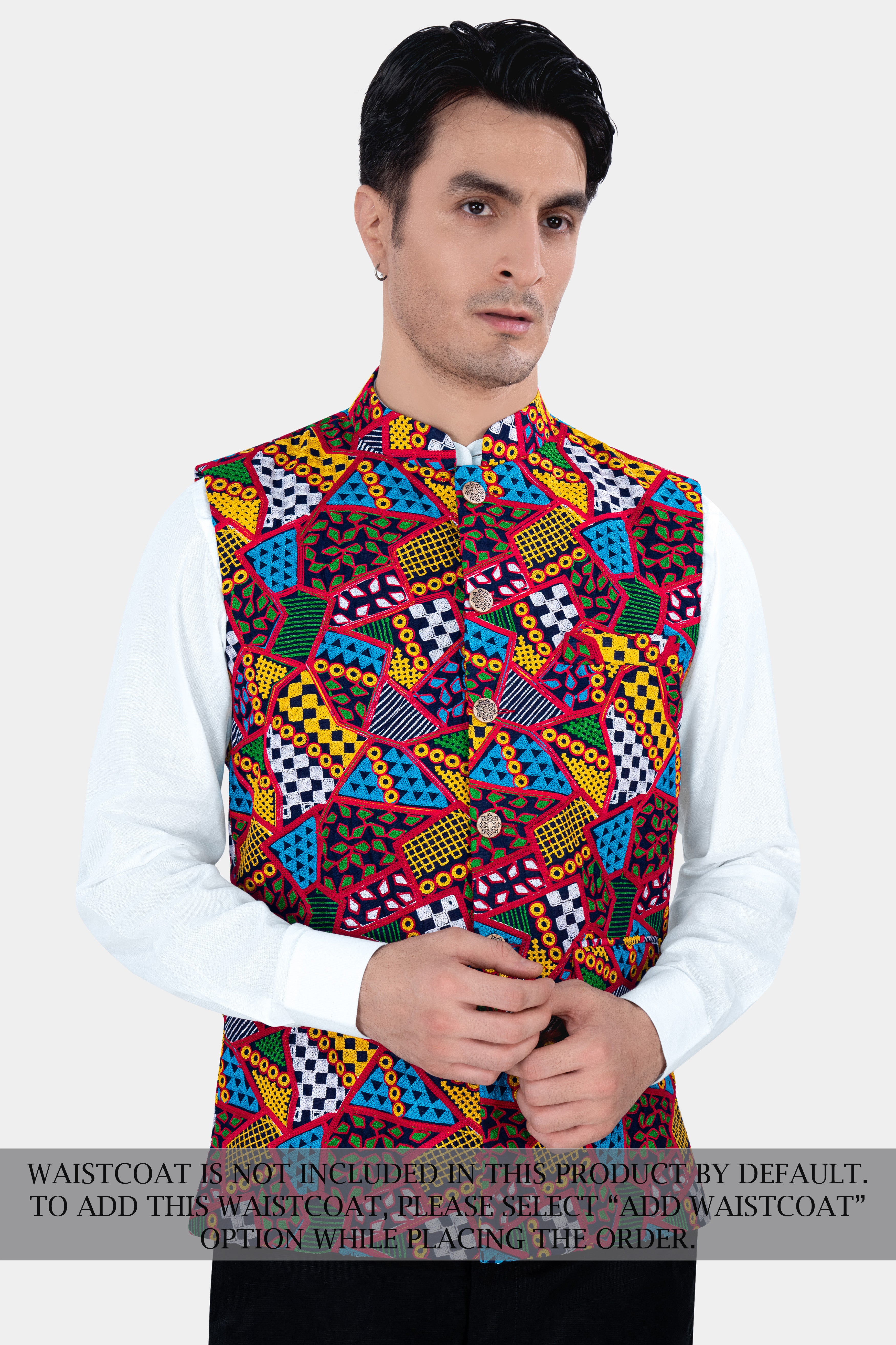 Rosso Red with Peel Yellow Multicolour Cotton Thread Embroidered Bandhgala Designer Suit