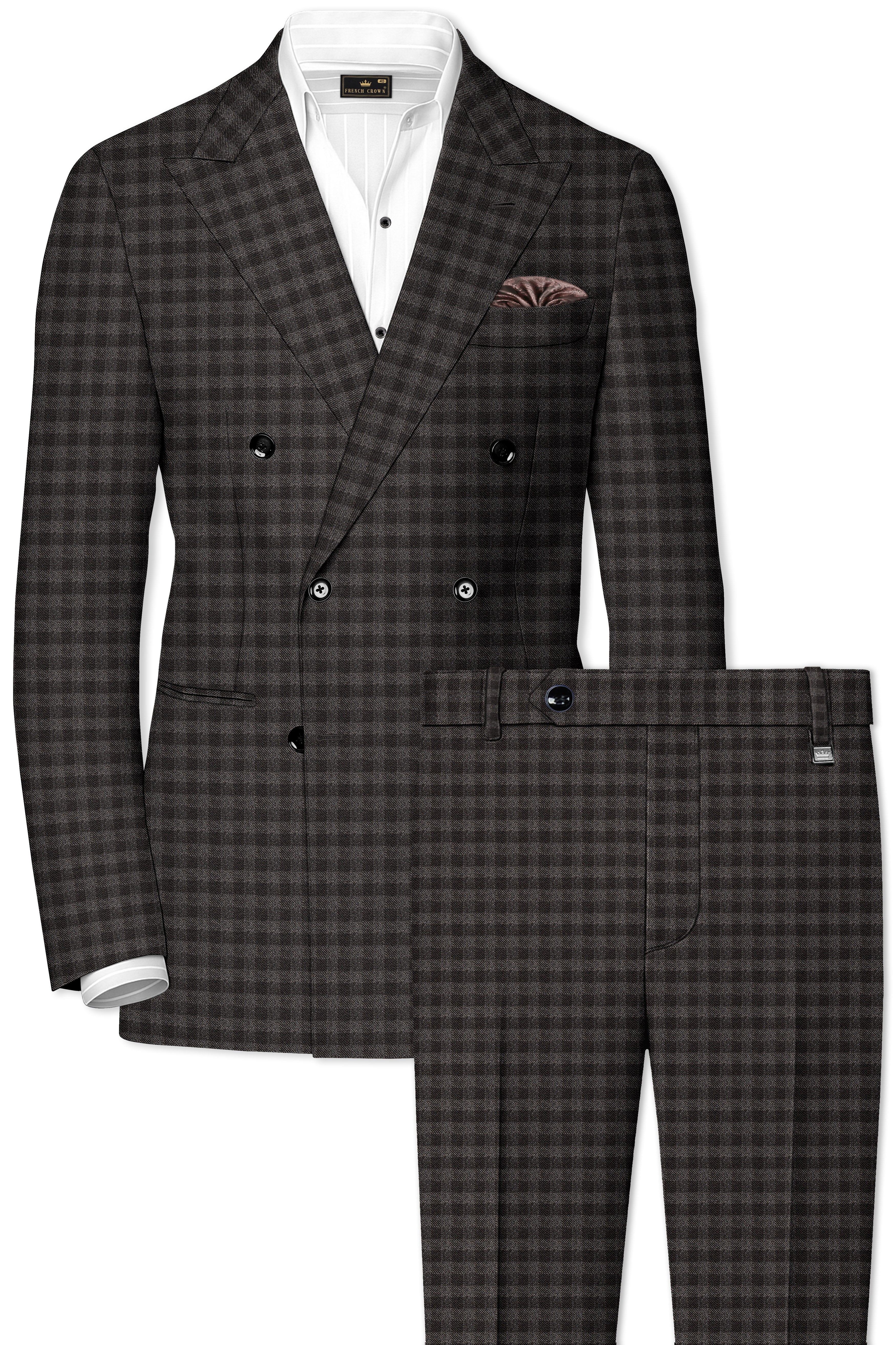 Jade Black and Storm Brown Checkered Wool Rich Double Breasted Suit