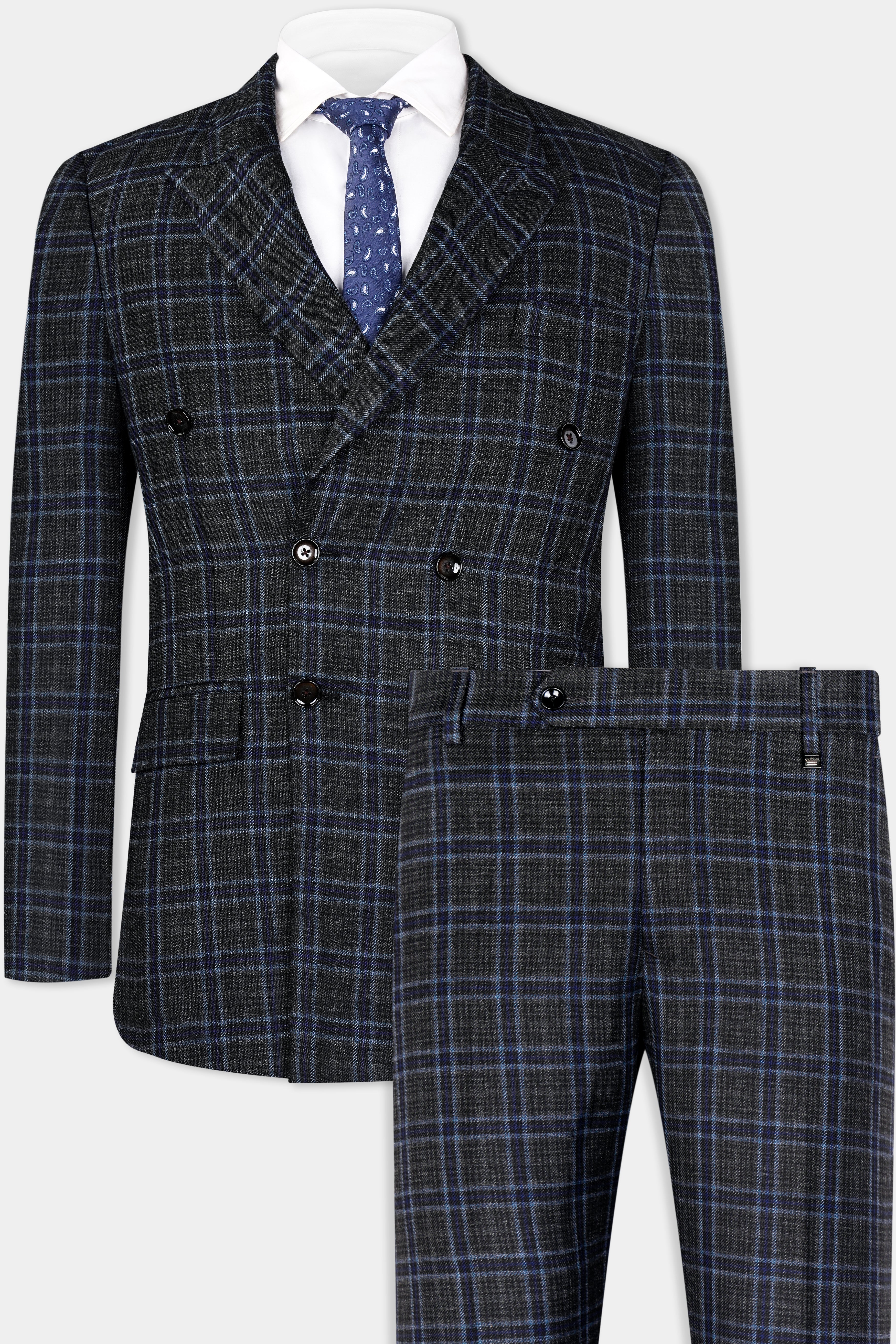 Bleached Black and Marine Blue Plaid Double Breasted Tweed Suit ST2907-DB-36,ST2907-DB-38,ST2907-DB-40,ST2907-DB-42,ST2907-DB-44,ST2907-DB-46,ST2907-DB-48,ST2907-DB-50,ST2907-DB-52,ST2907-DB-54,ST2907-DB-56,ST2907-DB-58,ST2907-DB-60