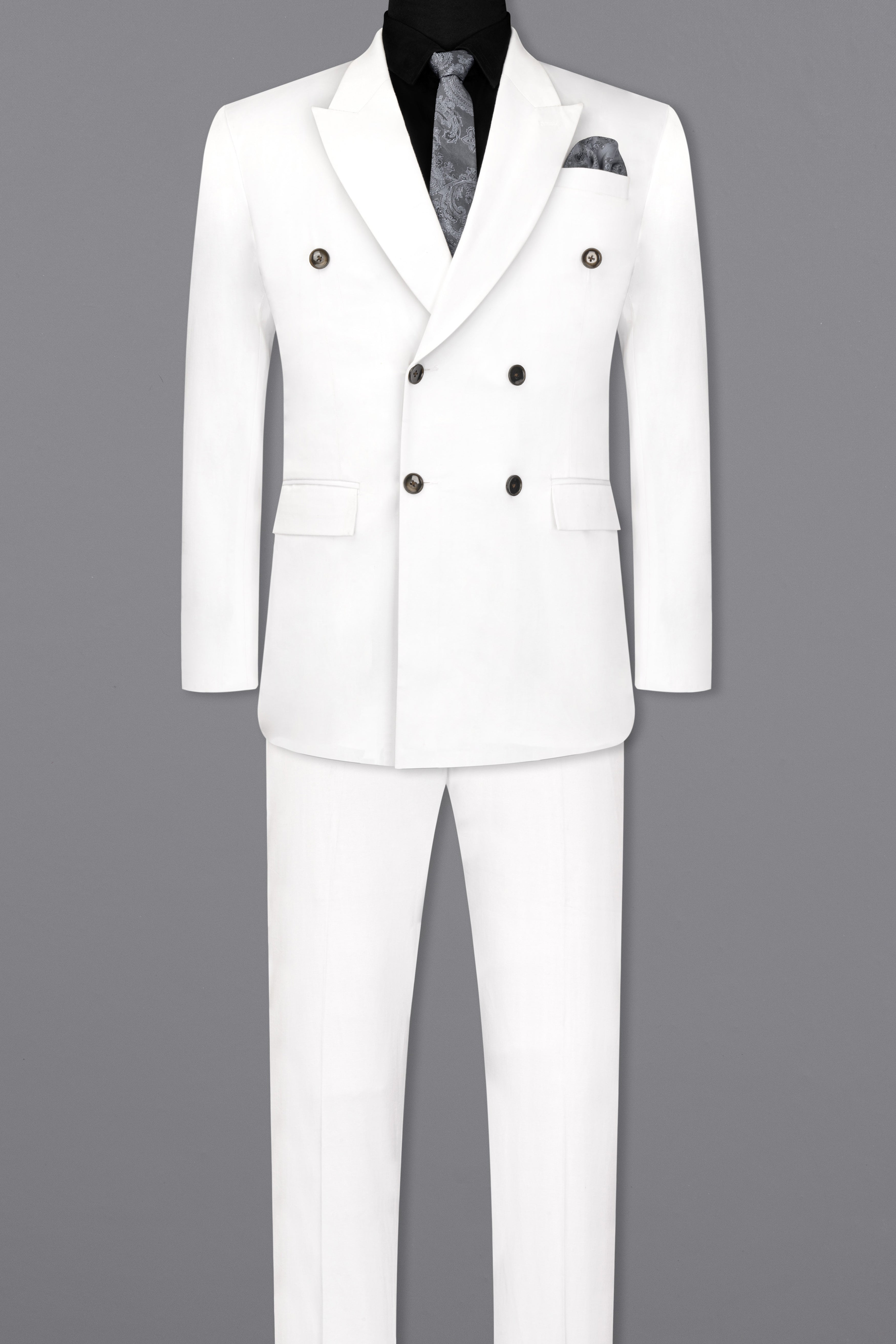 Bright White Solid Stretchable Premium Cotton Double Breasted traveler Suit
