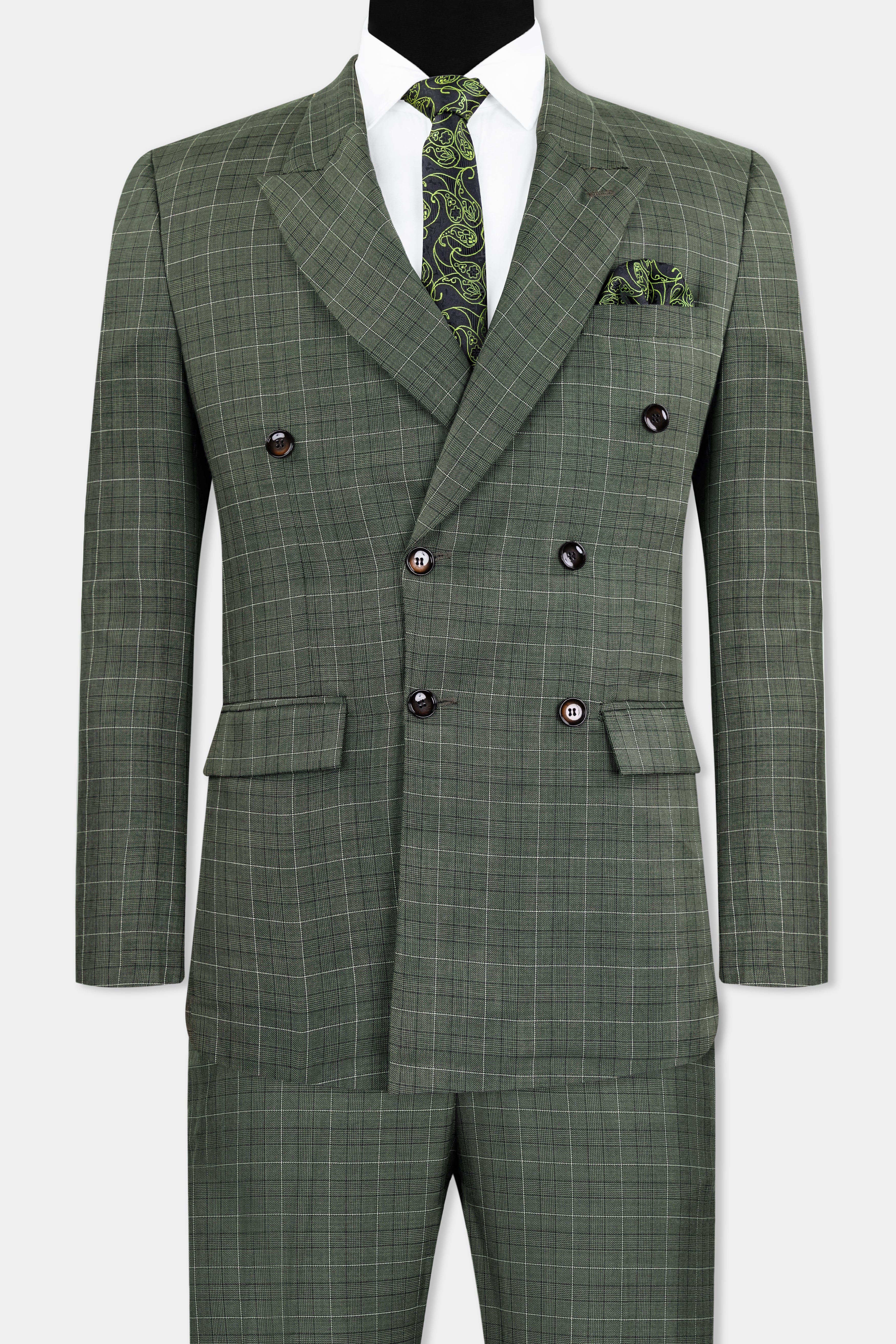 Artichoke Green Checkered Wool Rich Double Breasted Suit ST2913-DB-36,ST2913-DB-38,ST2913-DB-40,ST2913-DB-42,ST2913-DB-44,ST2913-DB-46,ST2913-DB-48,ST2913-DB-50,ST2913-DB-52,ST2913-DB-54,ST2913-DB-56,ST2913-DB-58,ST2913-DB-60